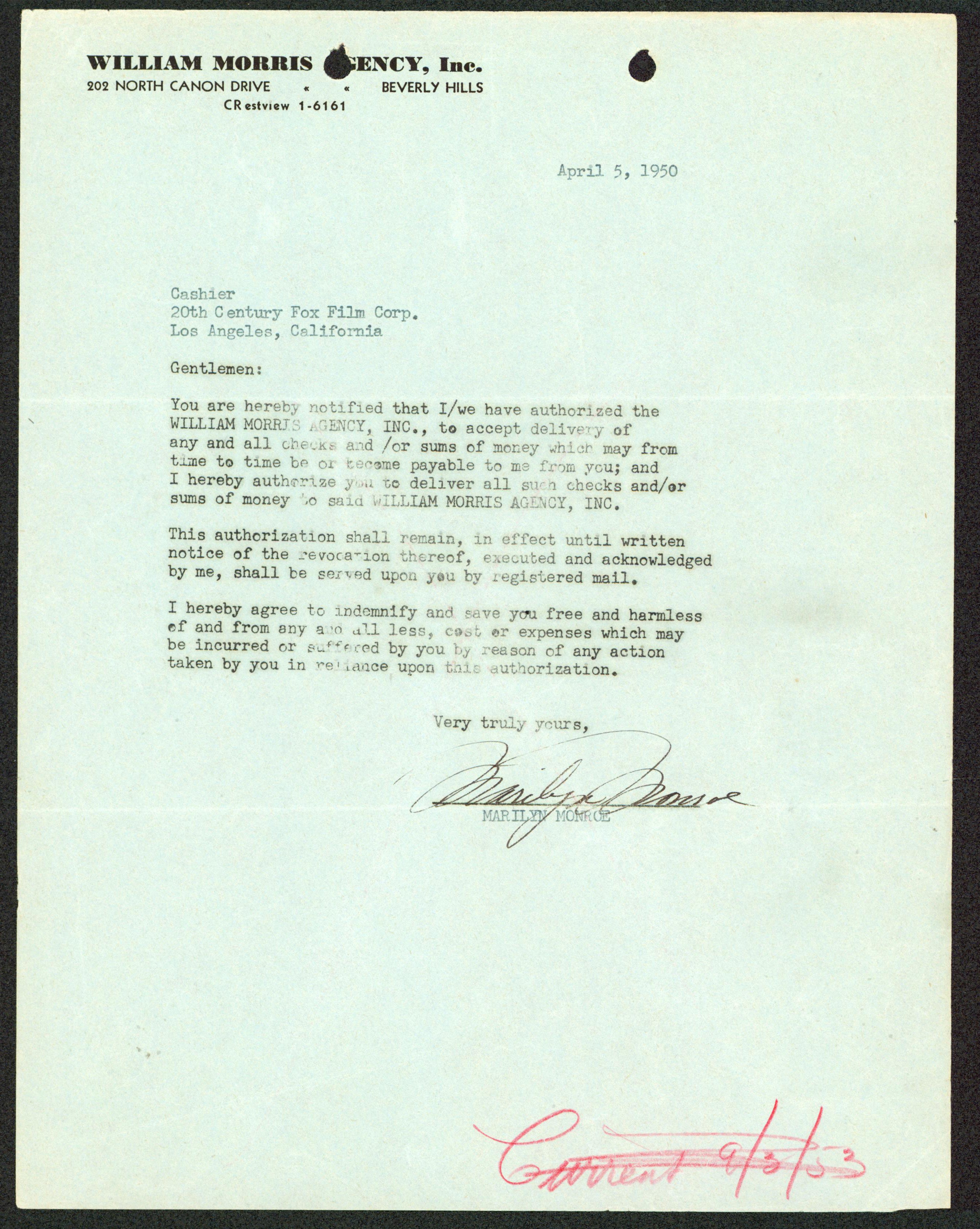Marilyn Monroe Signed 8.5x11 1950 William Morris Agency Agreement BAS #AD64303