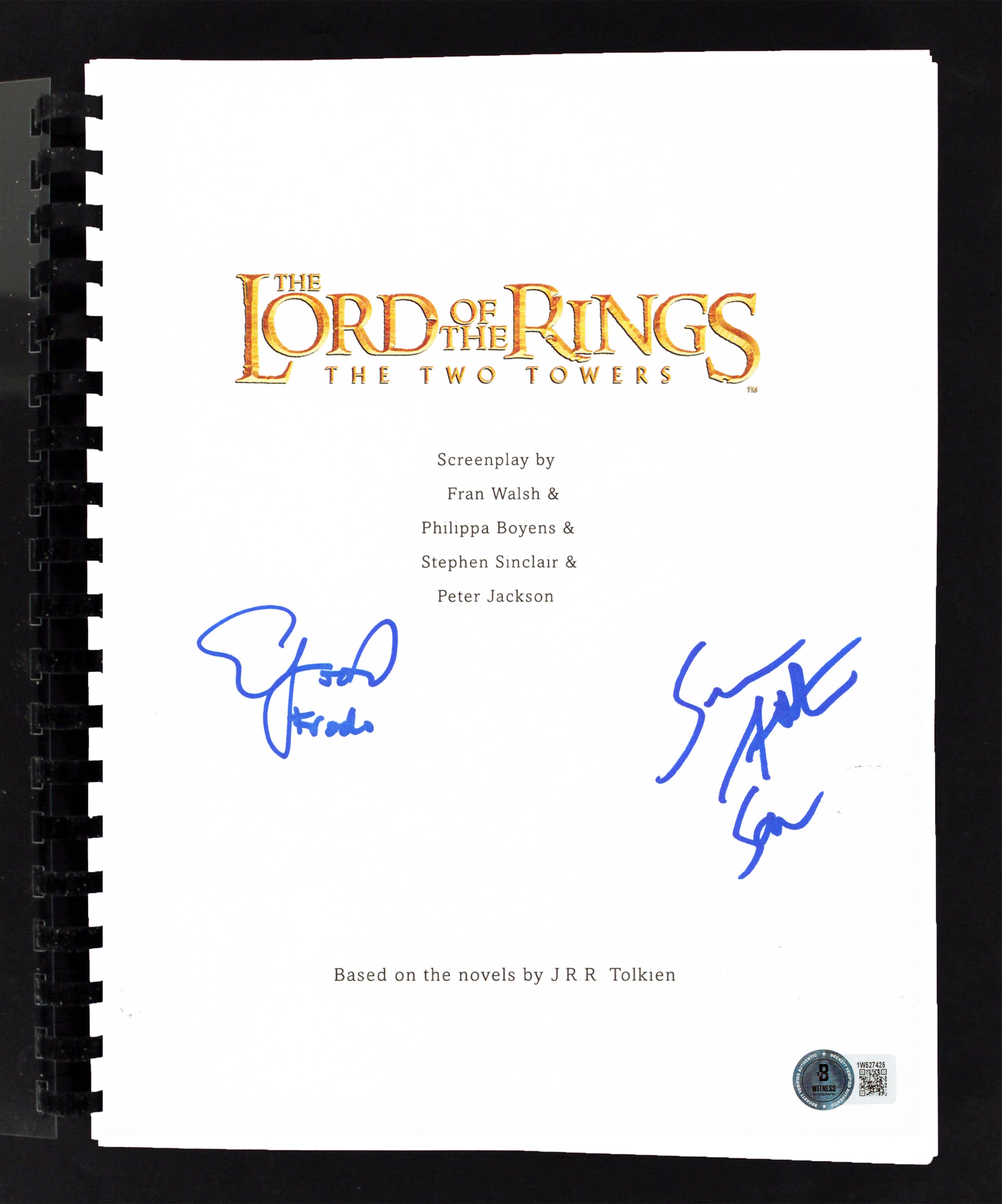 Elijah Wood & Sean Astin Lord of the Rings Two Towers Signed Movie Script BAS W
