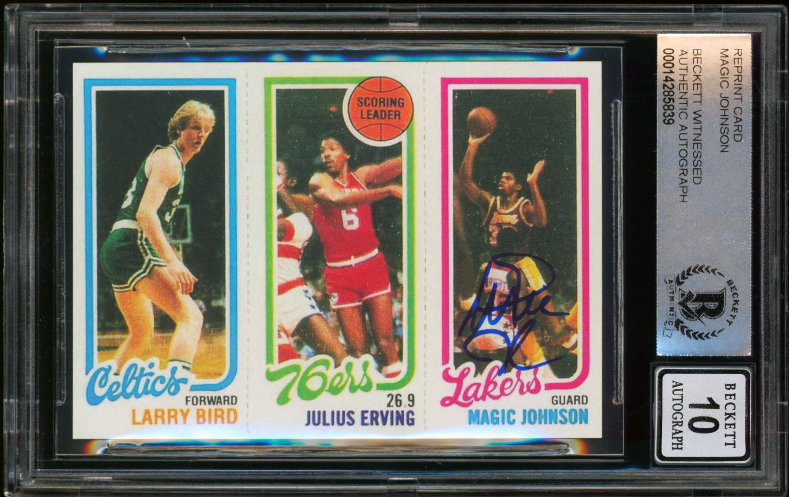 ** HOLIDAY DOORBUSTER ** Lakers Magic Johnson Signed 1980 Topps Rookie Reprint #139 Card Auto 10 BAS Slab