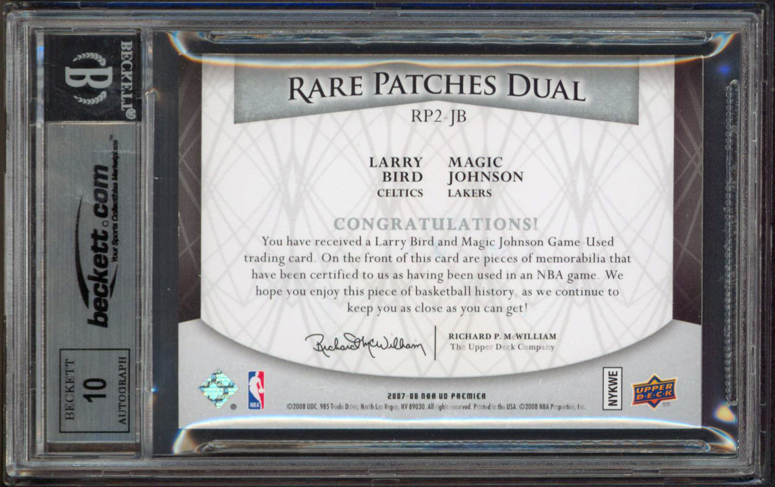Magic Johnson & Larry Bird Signed 2007 UD Premier Patches Card Auto 10! BAS Slab