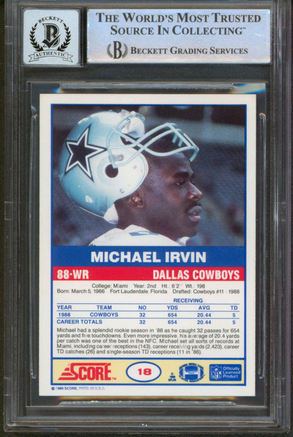 Cowboys Michael Irvin Authentic Signed 1989 Score #18 Card Auto 10! BAS Slabbed
