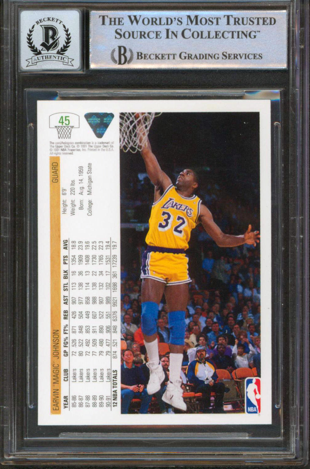 Lakers Magic Johnson Signed 1991 Upper Deck #45 Card Auto 10! BAS Slabbed