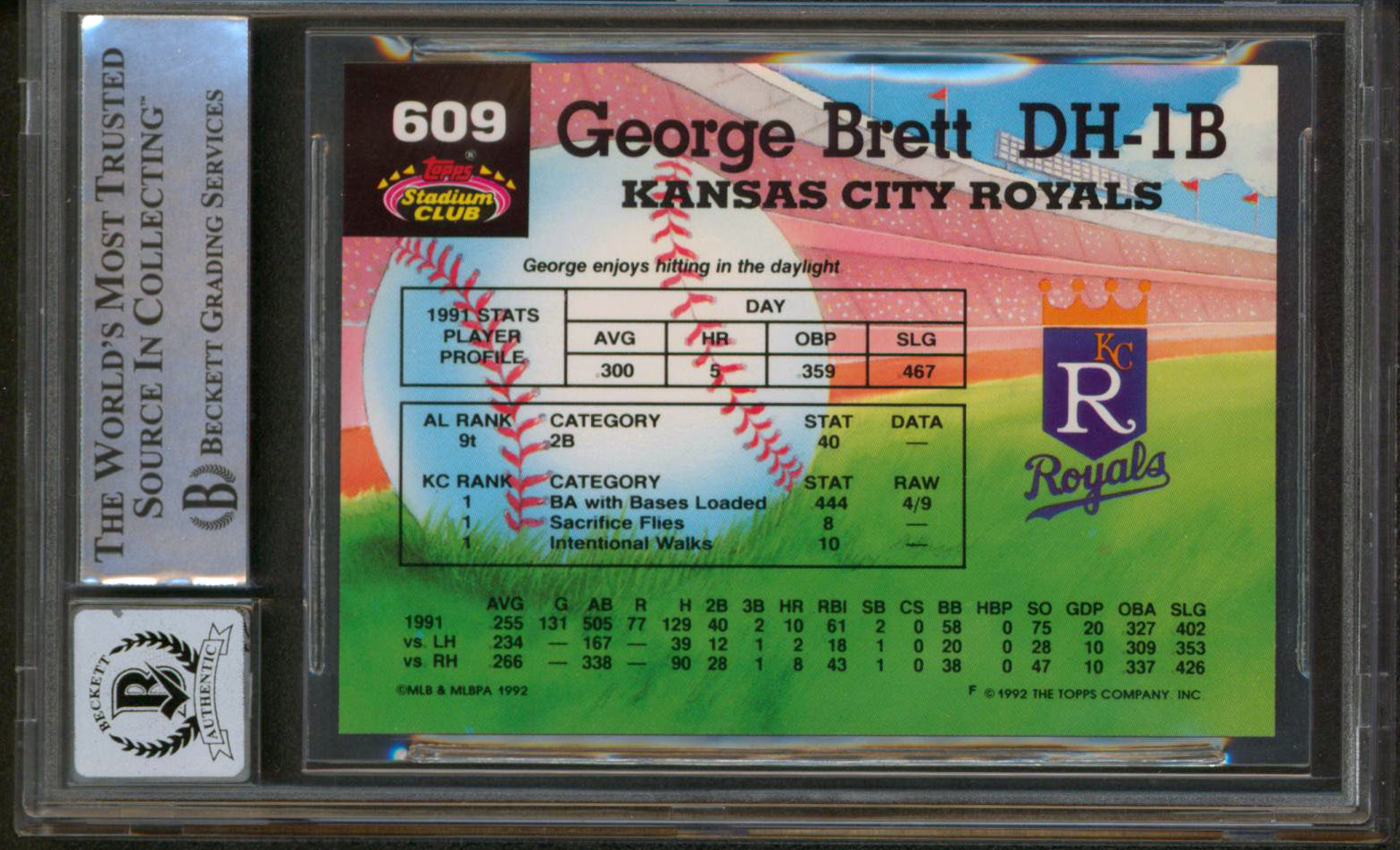 Royals George Brett Signed 1992 Stadium Club #609 MC Card Auto 10! BAS Slabbed