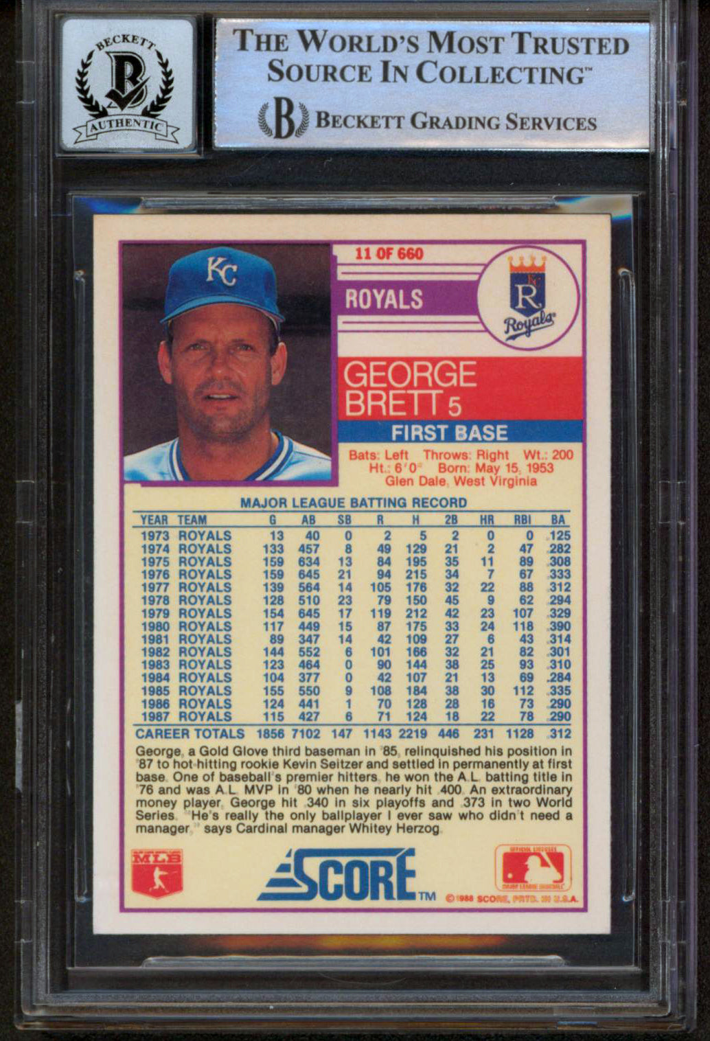 Royals George Brett Authentic Signed 1988 Score #11 Card Auto 10! BAS Slabbed