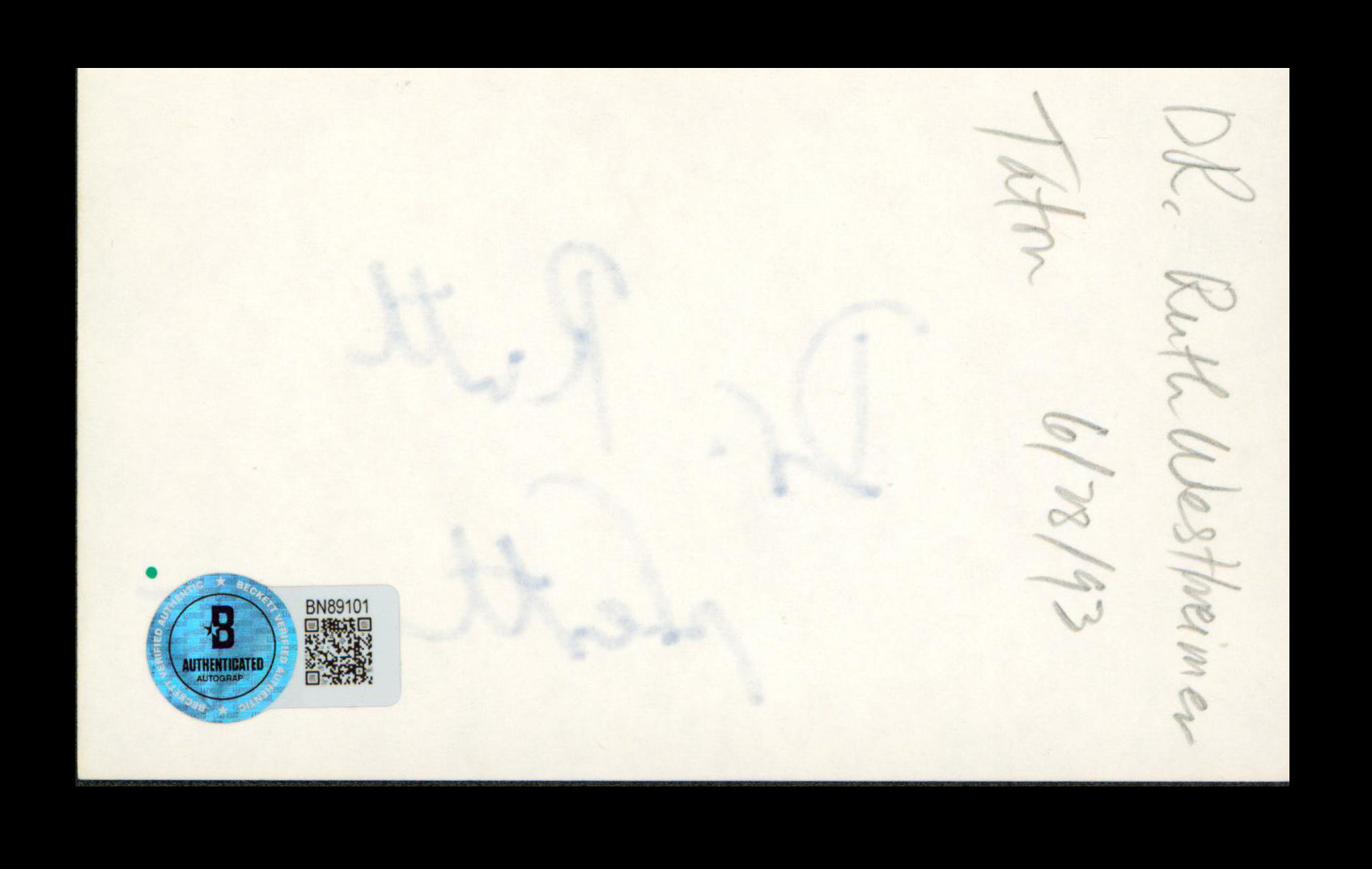 Dr. Ruth Westheimer Authentic Signed 3x5 Index Card Autographed BAS #BN89101