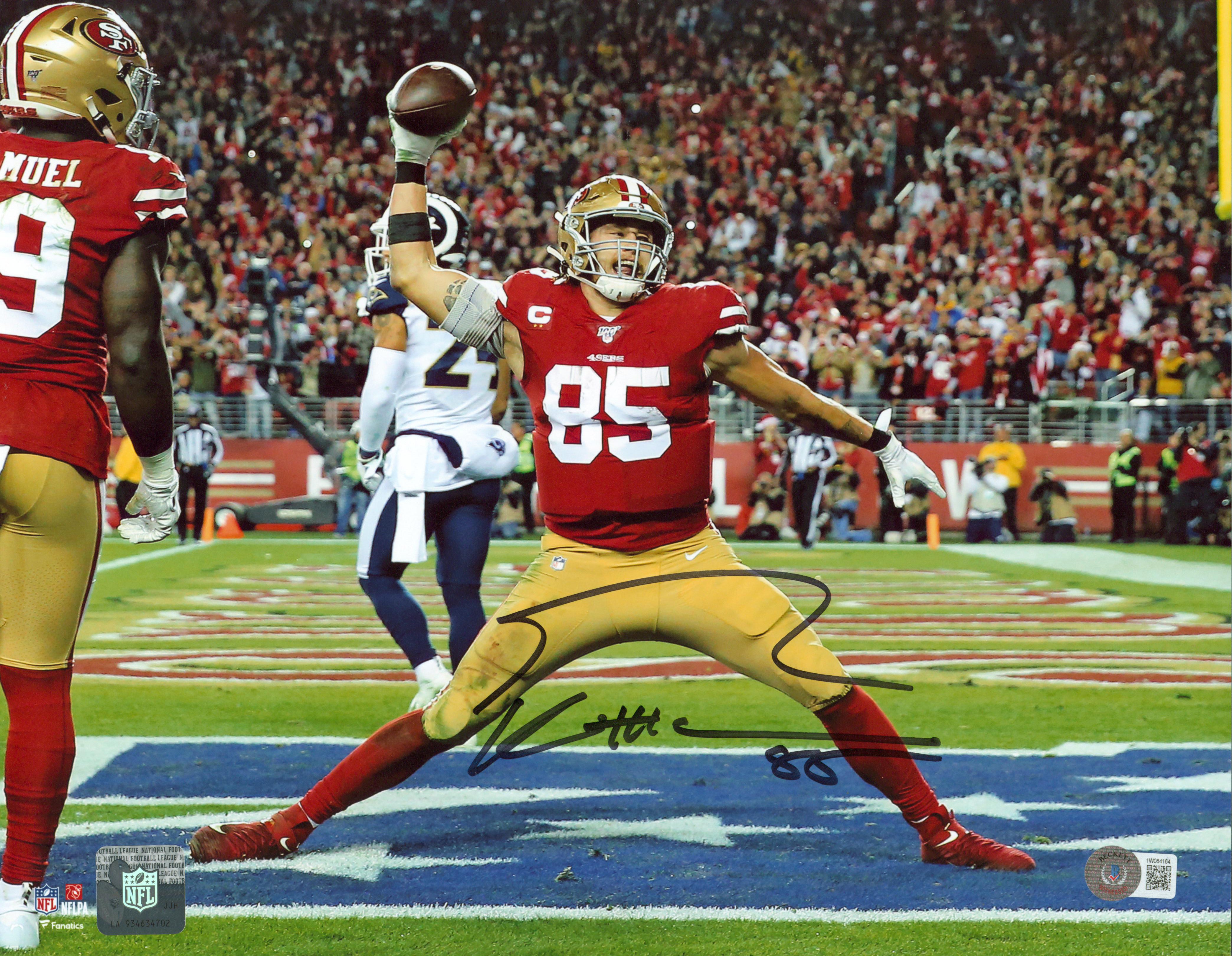 49ers George Kittle Signed 11x14 Horizontal TD Photo w/ Black Sig BAS Witnessed