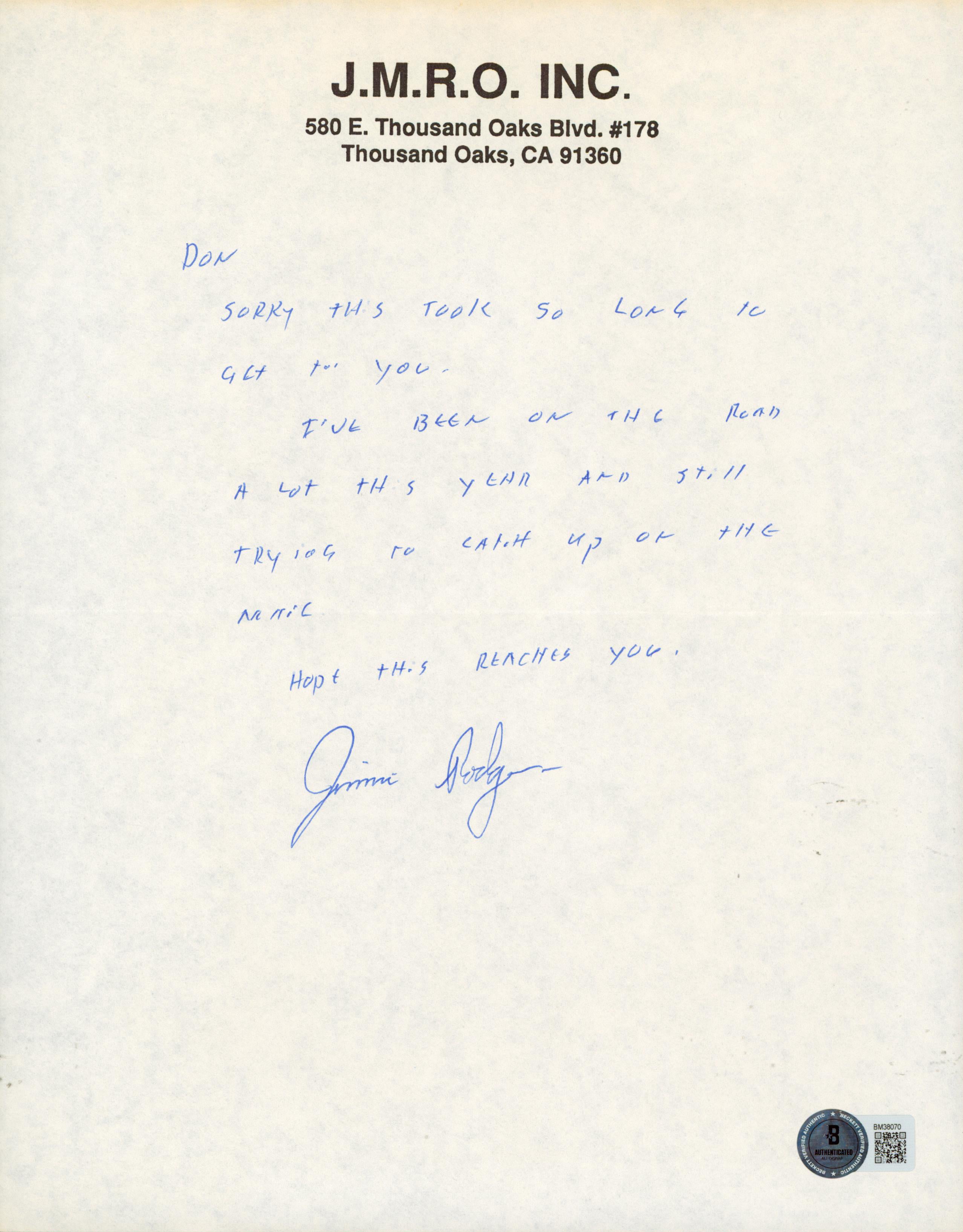 Jimmie Rogers Musician Authentic Signed 8.5x11 Handwritten Letter BAS #BM38070