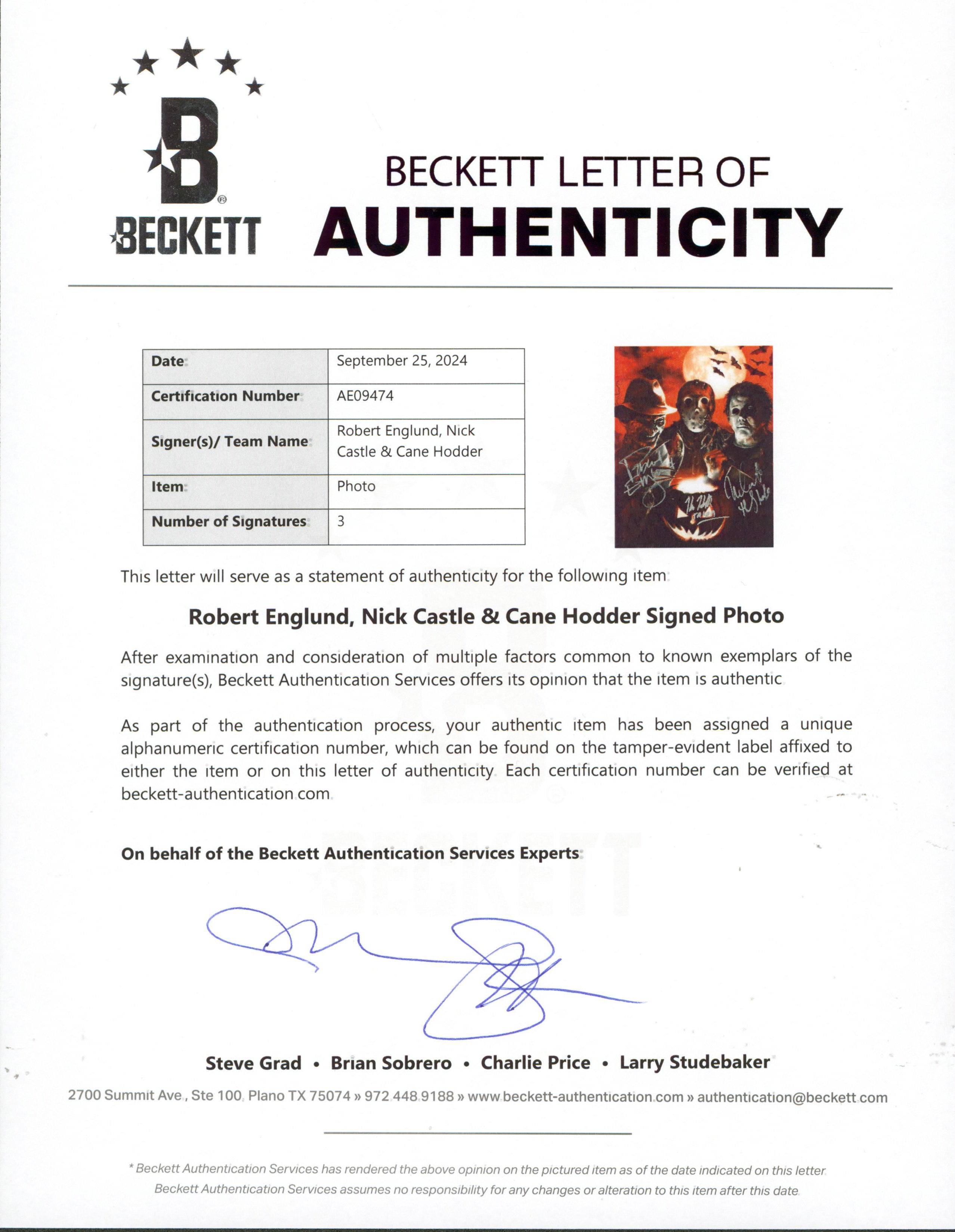 Halloween (3) Englund, Castle & Hodder Authentic Signed 11x14 Photo BAS #AE09474