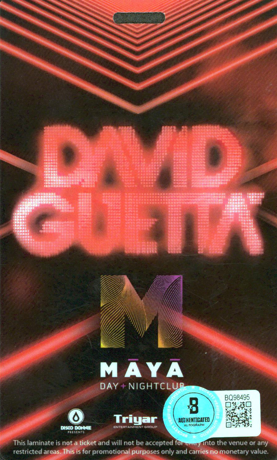 David Guetta Authentic Signed April 6, 2014 VIP Maya Badge BAS #BQ98495