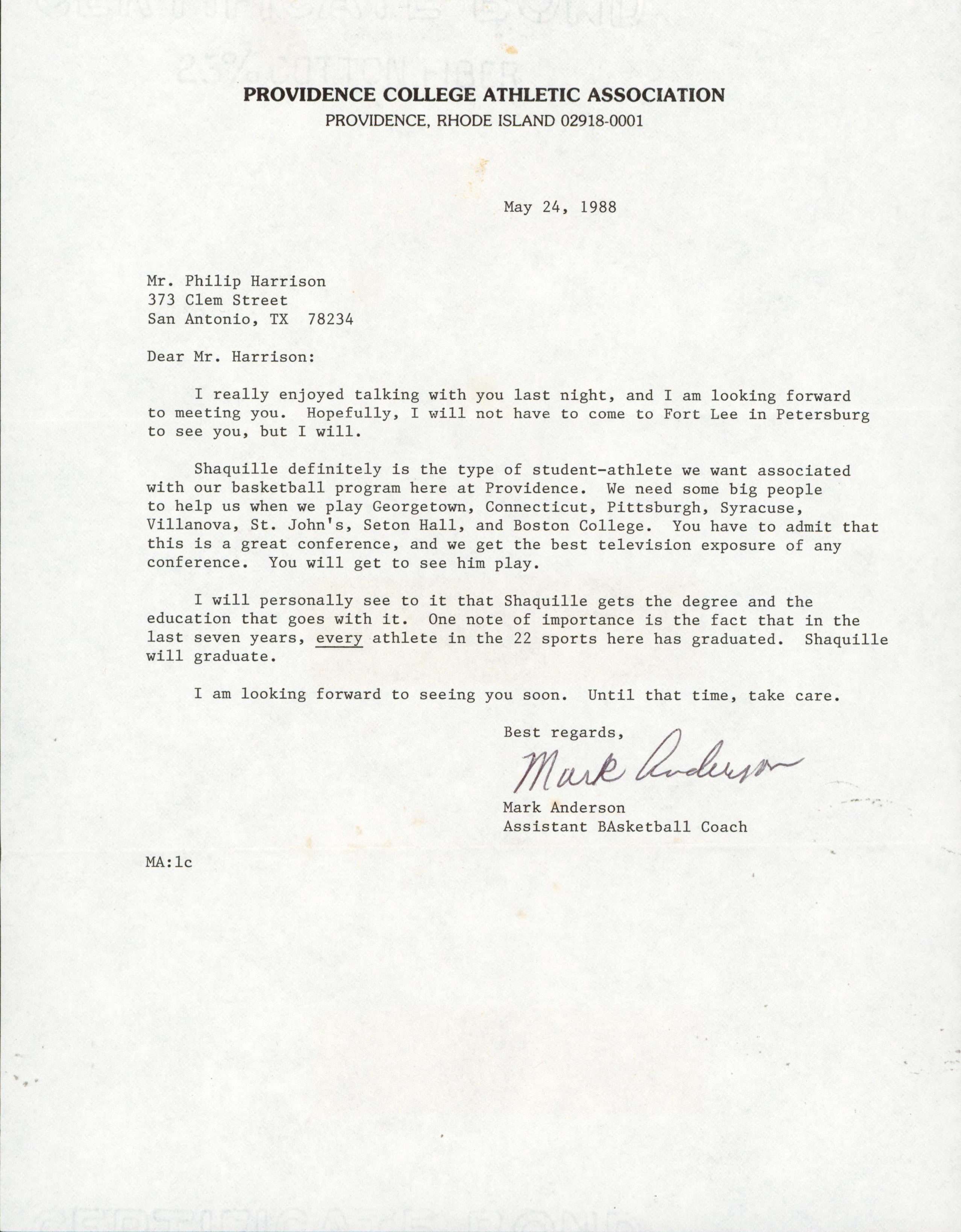 1988 Providence College Shaquille O'Neal Recruitment Letter