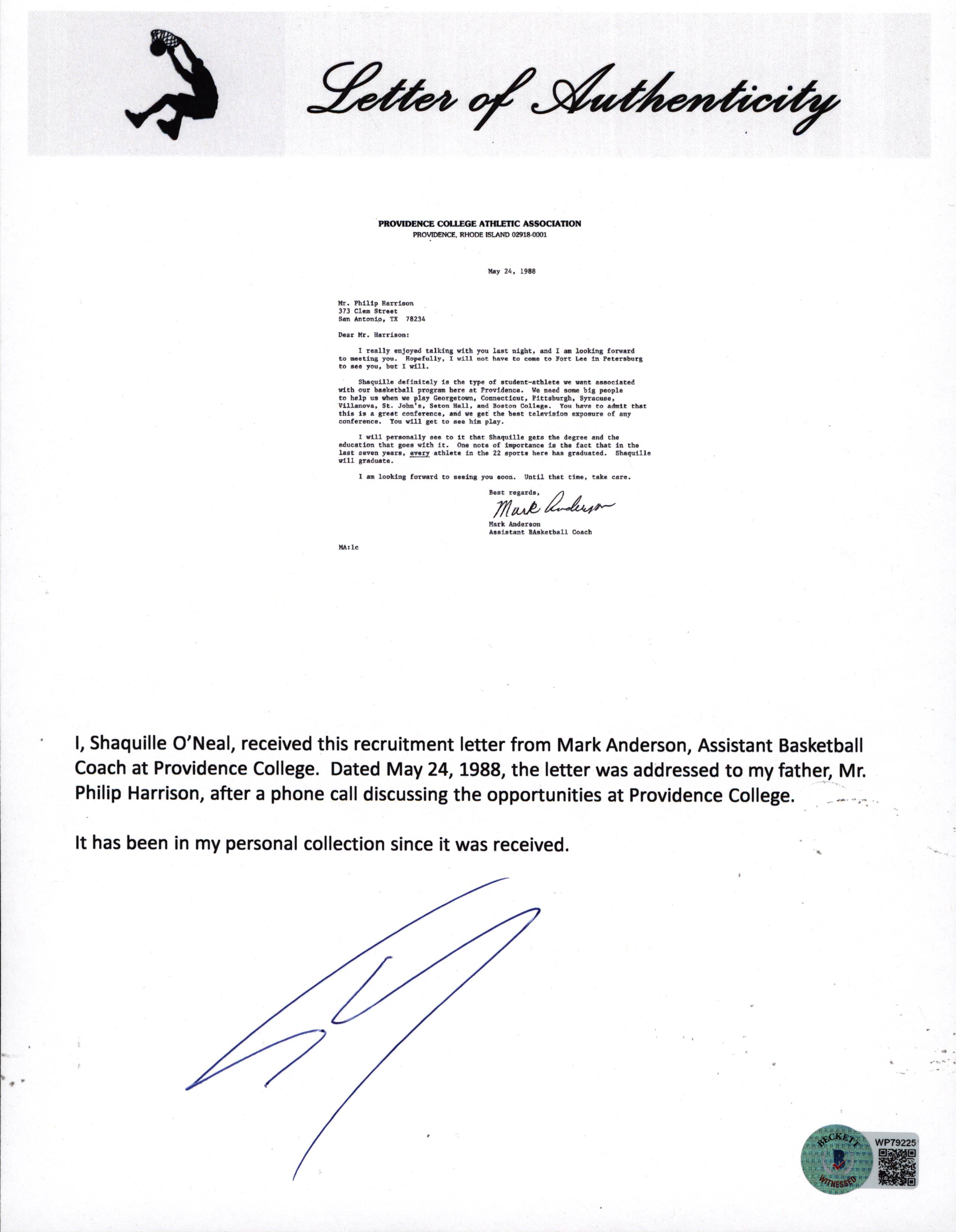 1988 Providence College Shaquille O'Neal Recruitment Letter