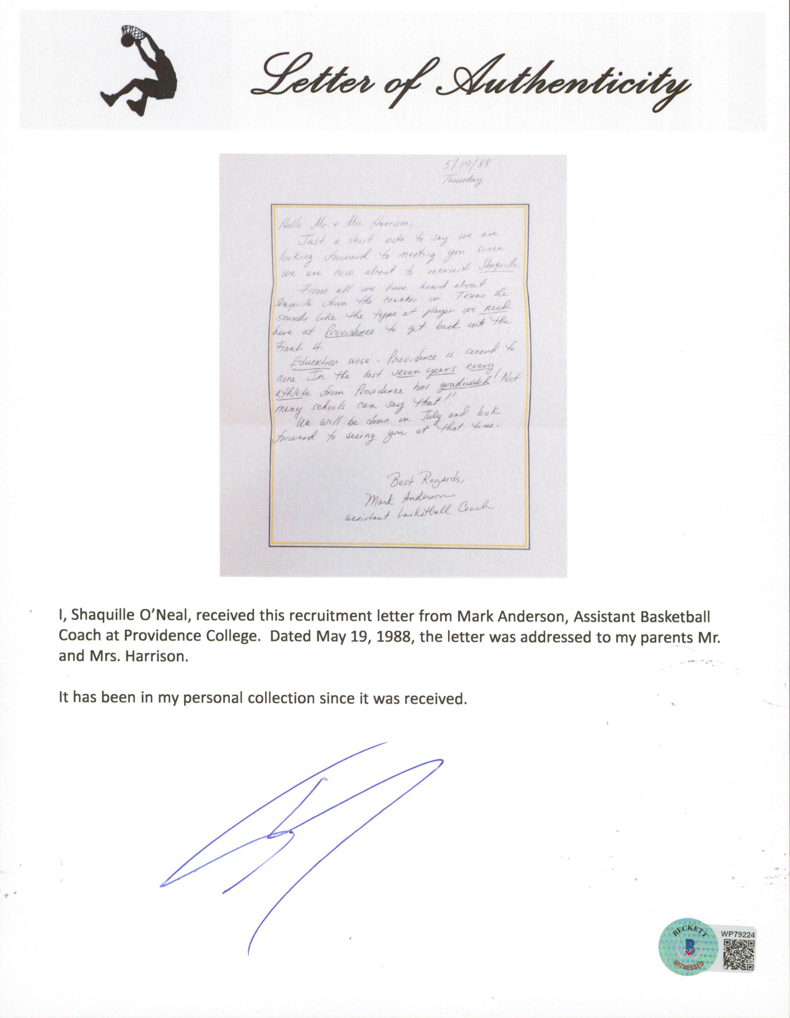 Shaquille O'Neal Signed 1988 Providence Handwritten Recruitment Letter BAS