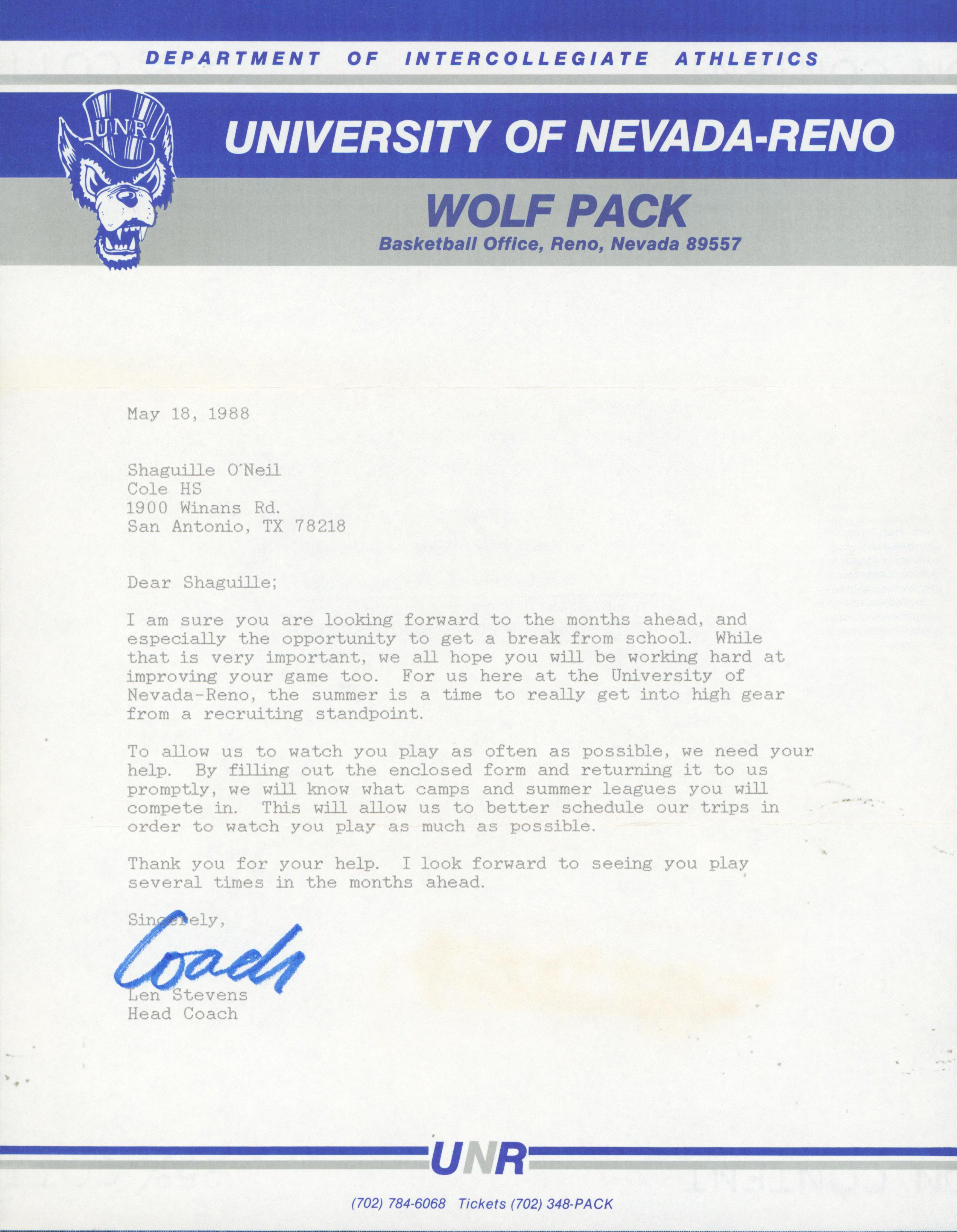 1988 University of Nevada-Reno Shaquille O'Neal Recruitment Letter