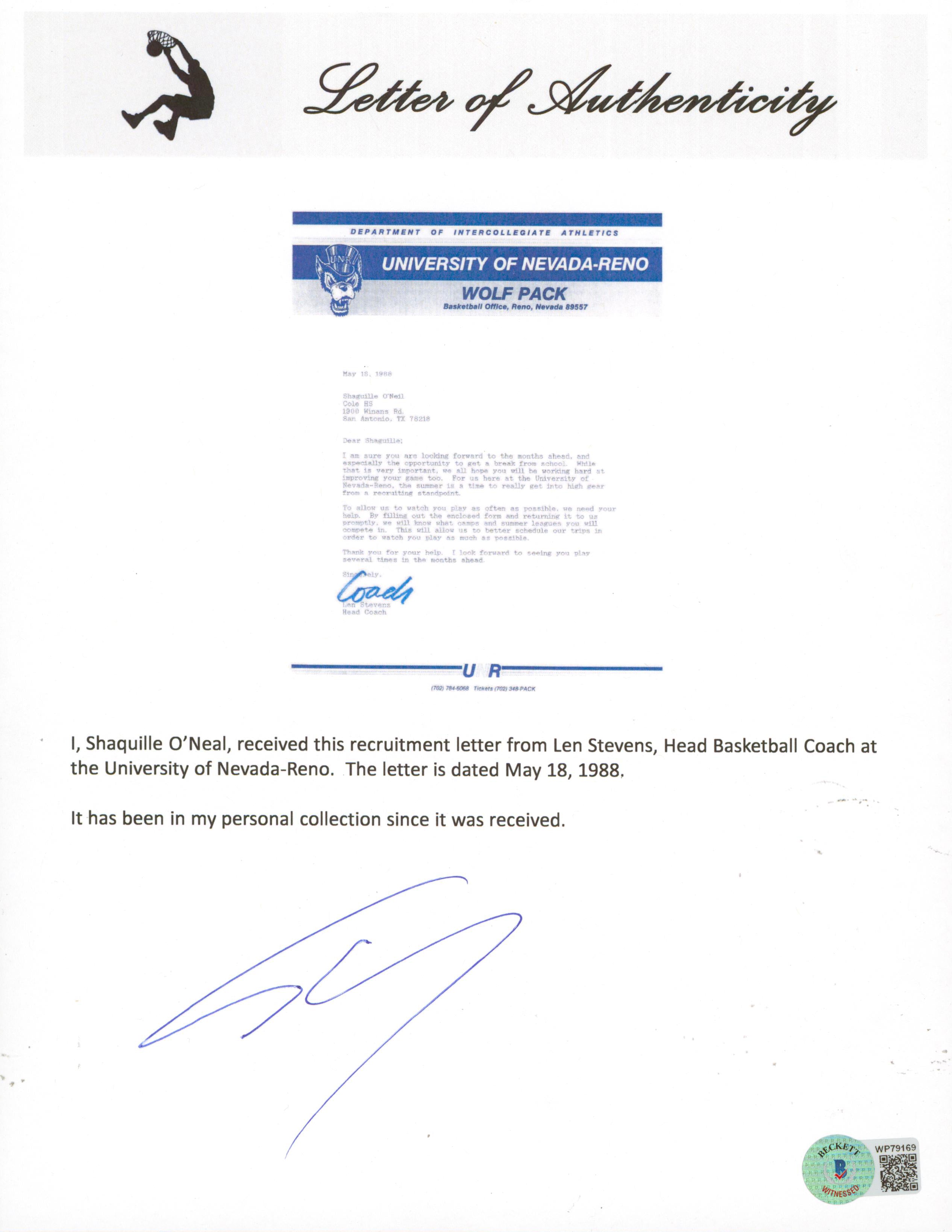 1988 University of Nevada-Reno Shaquille O'Neal Recruitment Letter