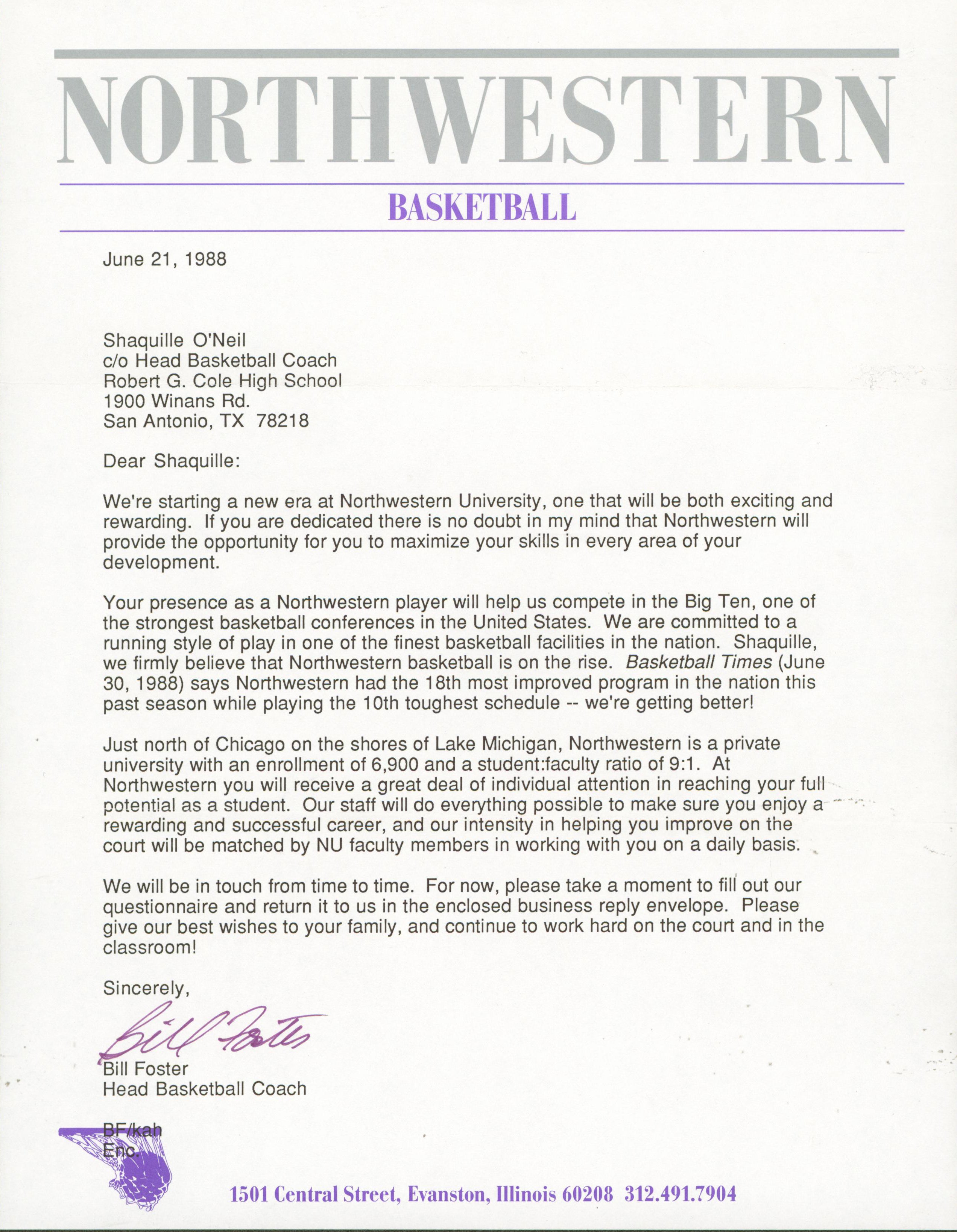 1988 Northwestern Shaquille O'Neal Recruitment Letter