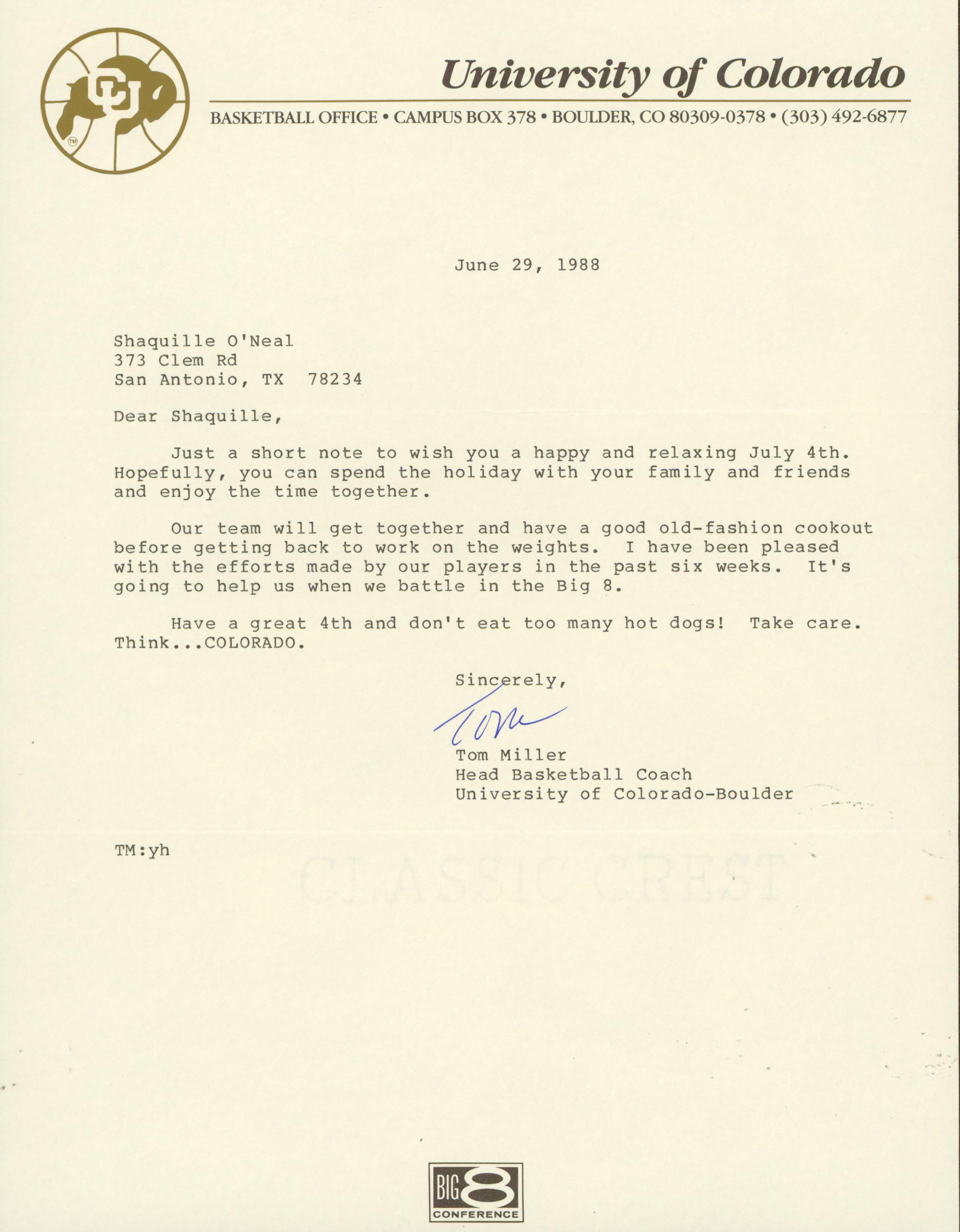 1988 University of Colorado-Boulder Shaquille O'Neal Recruitment Letter