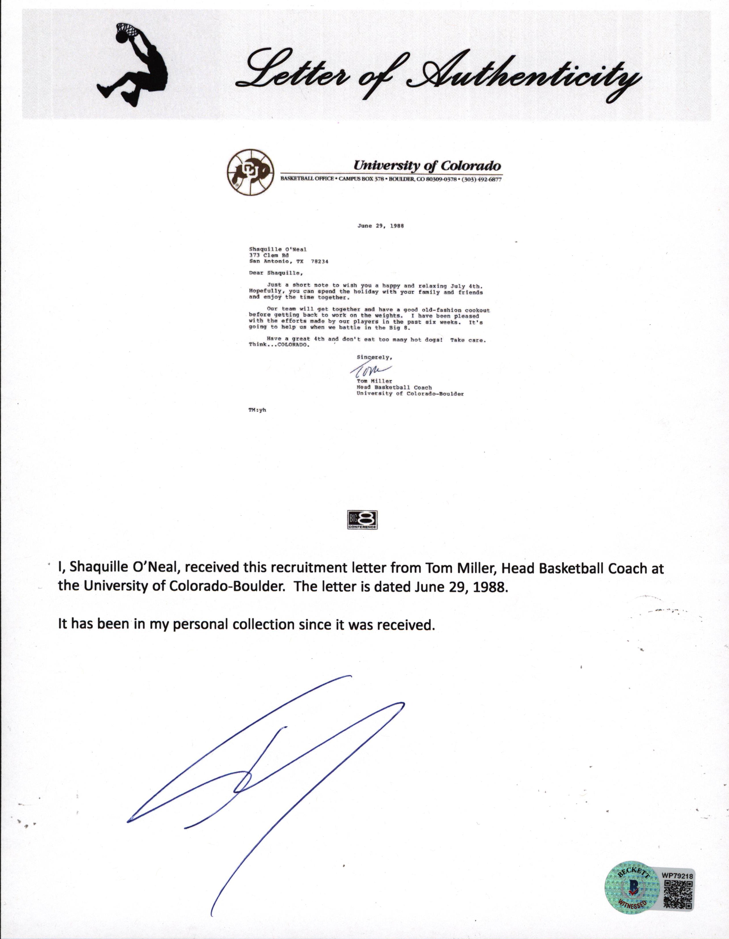 Shaquille O'Neal Signed University of Colorado-Boulder Recruitment Letter BAS