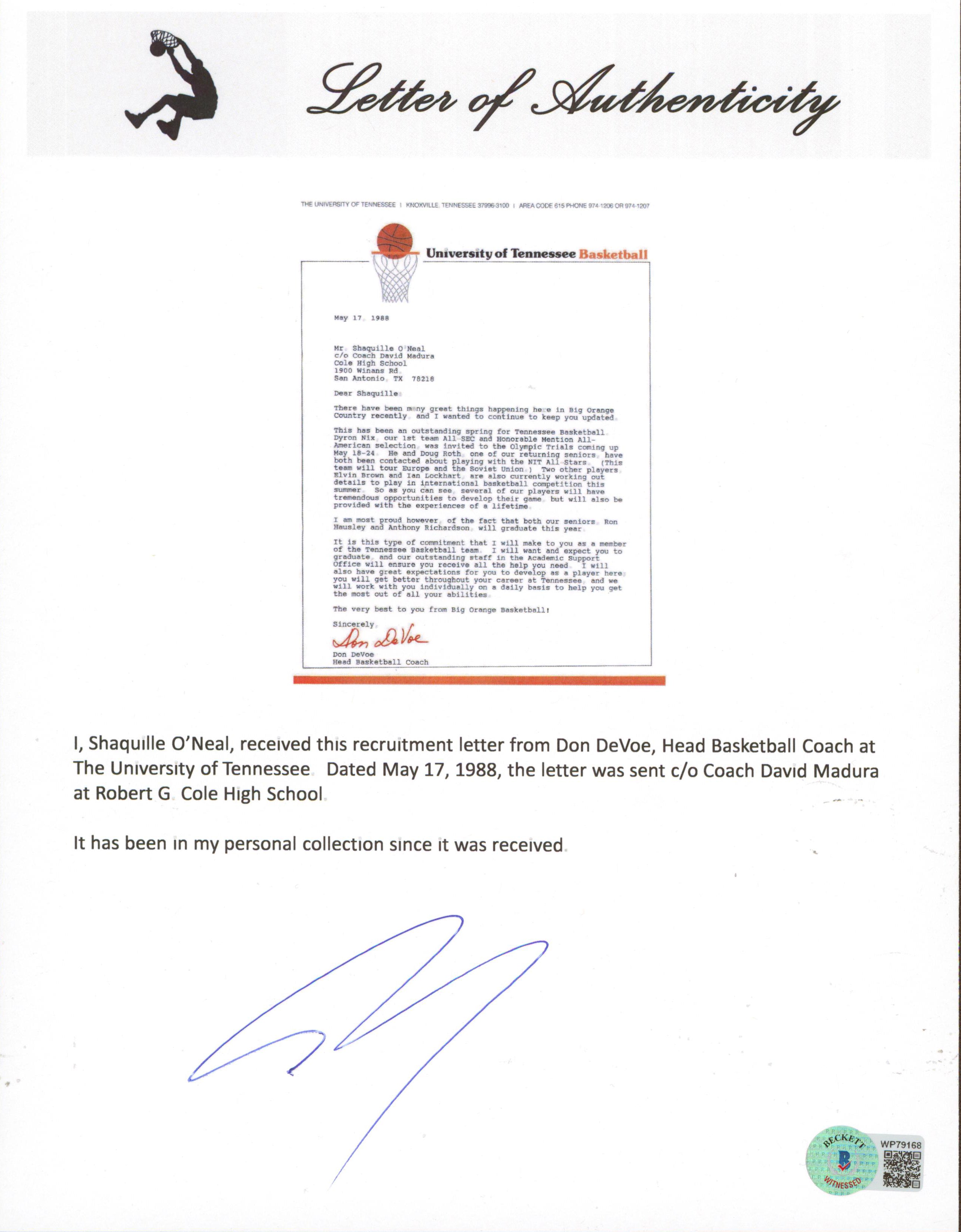 Shaquille O'Neal Signed 1988 University of Tennessee Recruitment Letter BAS