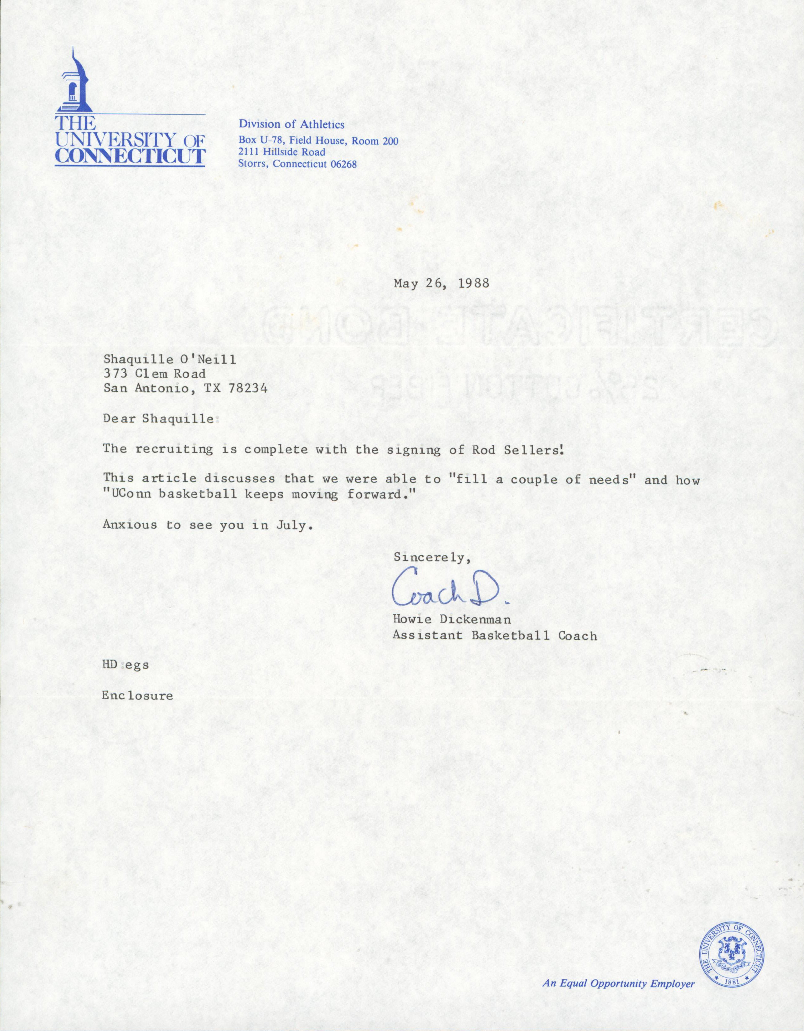 1988 University of Connecticut Shaquille O'Neal Recruitment Letter