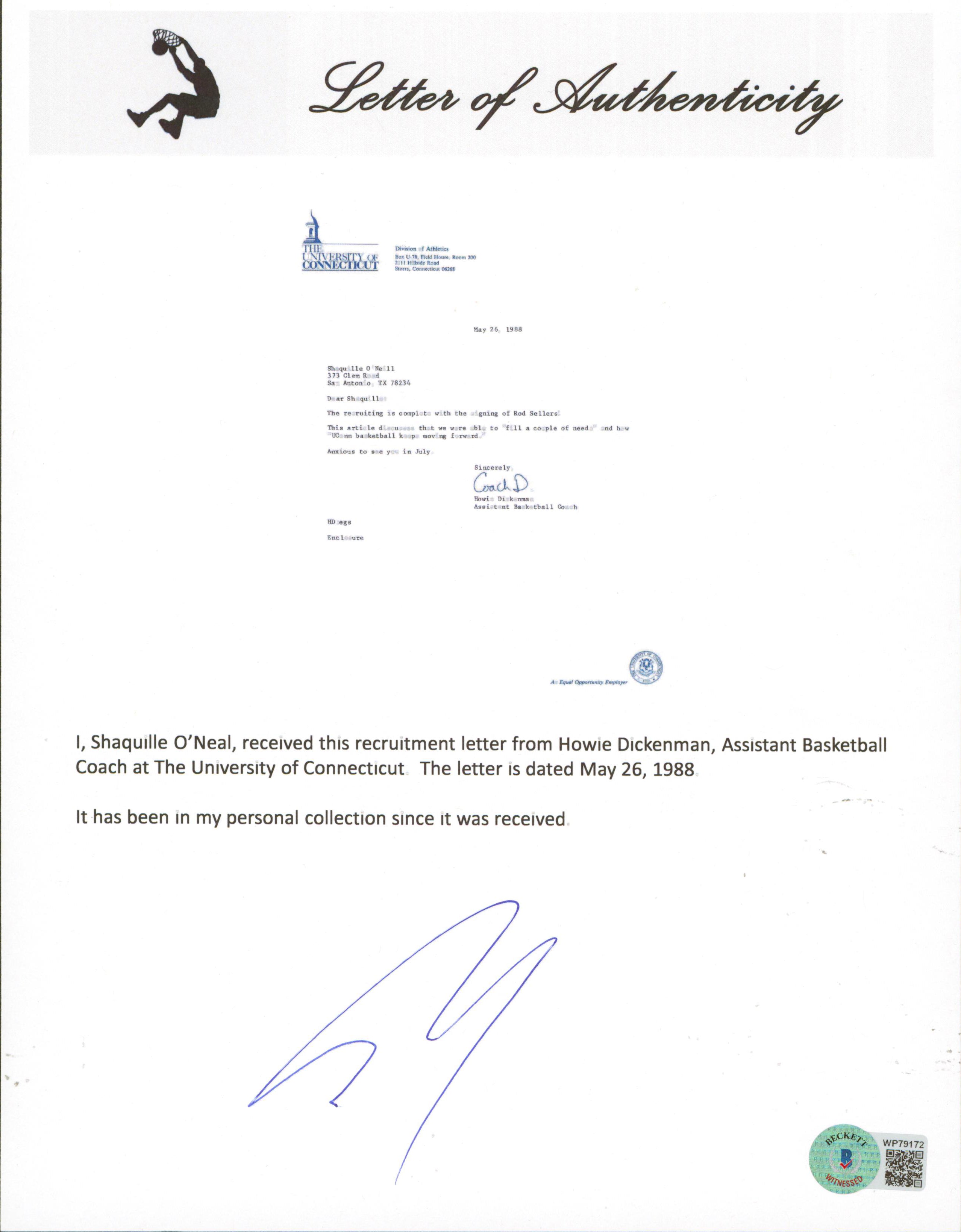 1988 University of Connecticut Shaquille O'Neal Recruitment Letter