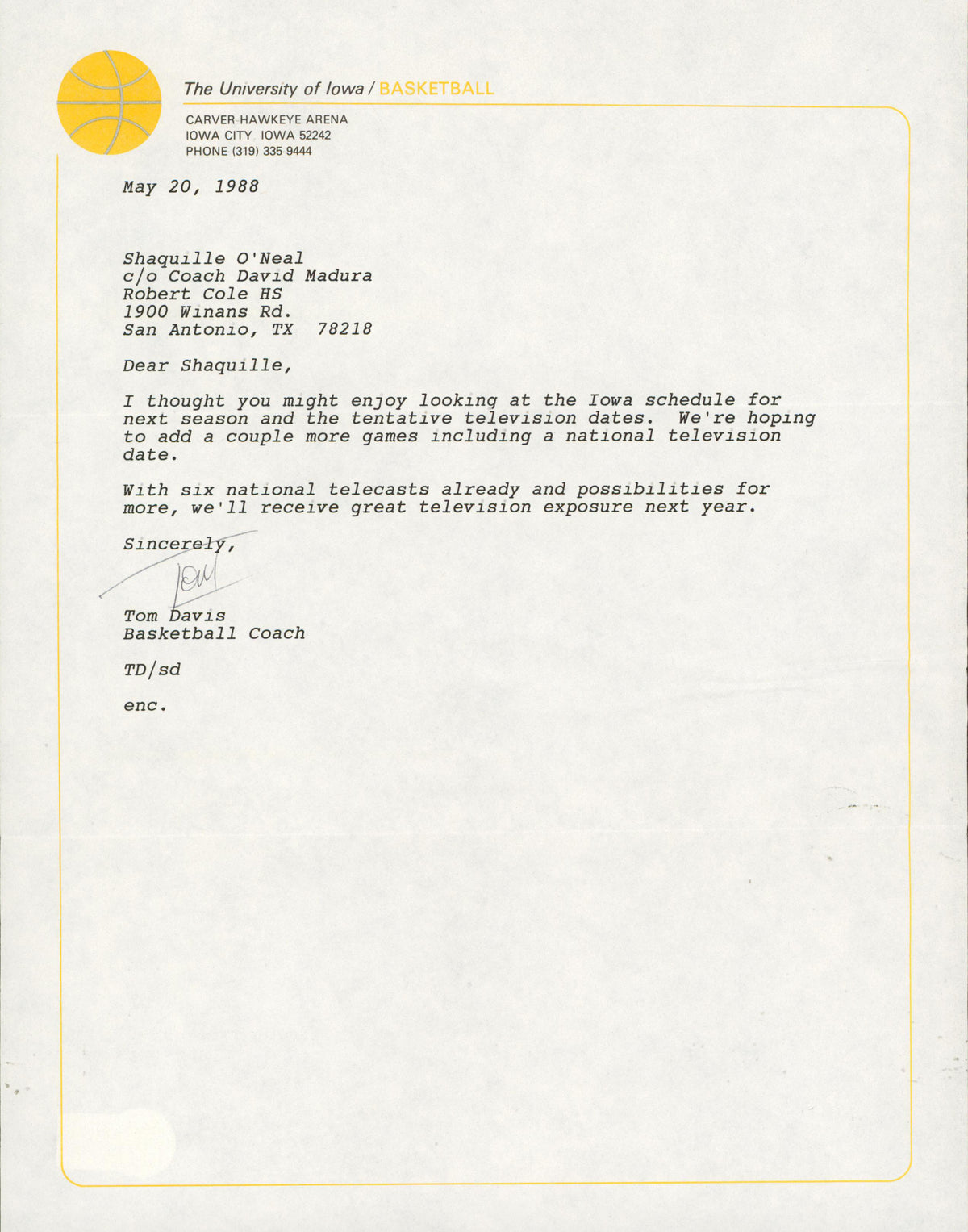 Tom Davis Signed 1988 University of Iowa Shaquille O'Neal Recruitment Letter