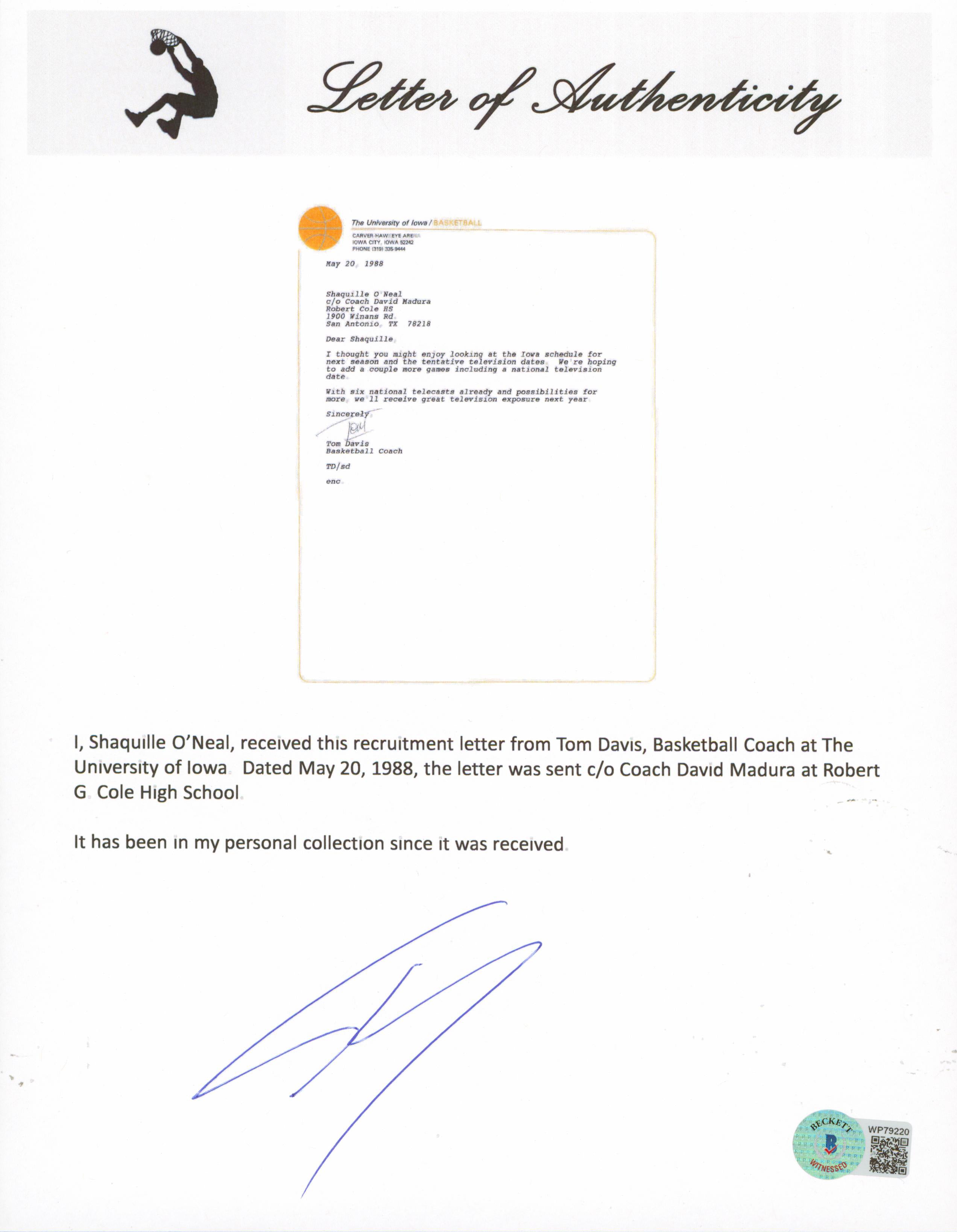 Shaquille O'Neal & Tom Davis Signed 1988 Iowa University Envelope & Letter BAS