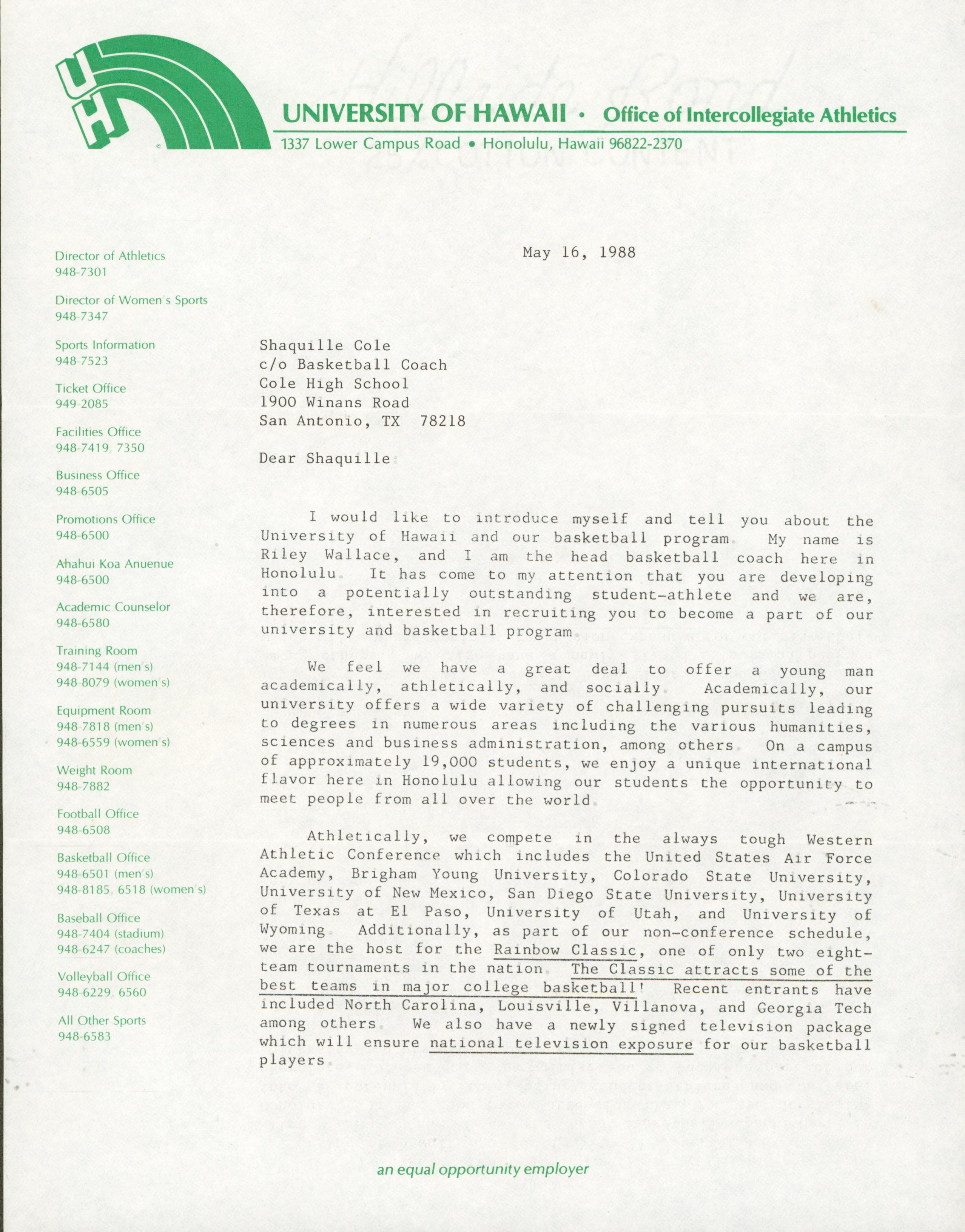 1988 University of Hawaii Shaquille O'Neal Recruitment Letter