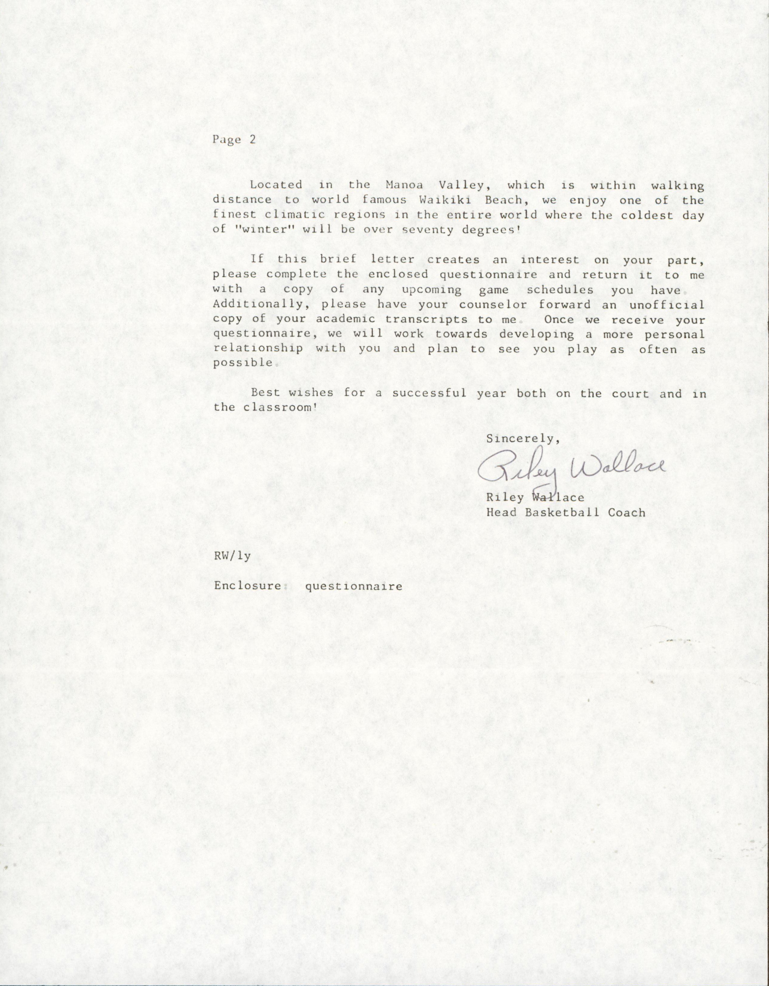 1988 University of Hawaii Shaquille O'Neal Recruitment Letter