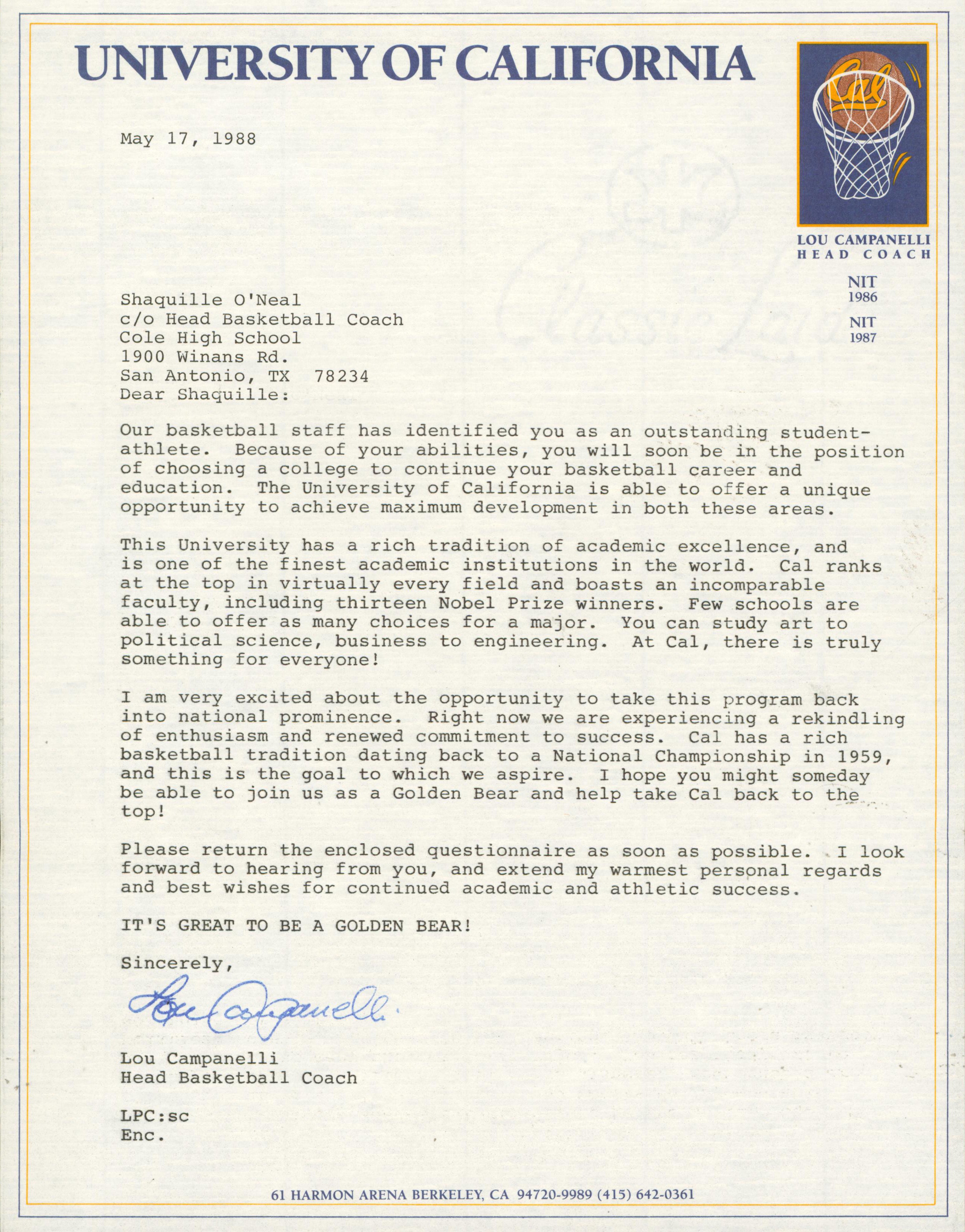 1988 University of California Shaquille O'Neal Recruitment Letter