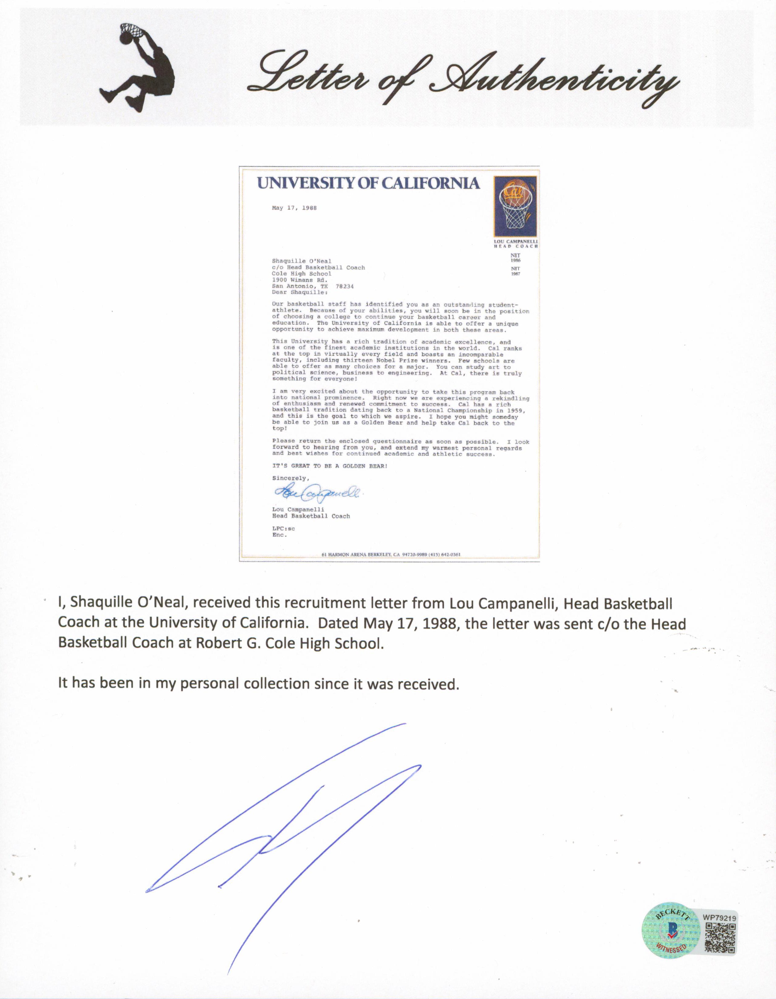 1988 University of California Shaquille O'Neal Recruitment Letter