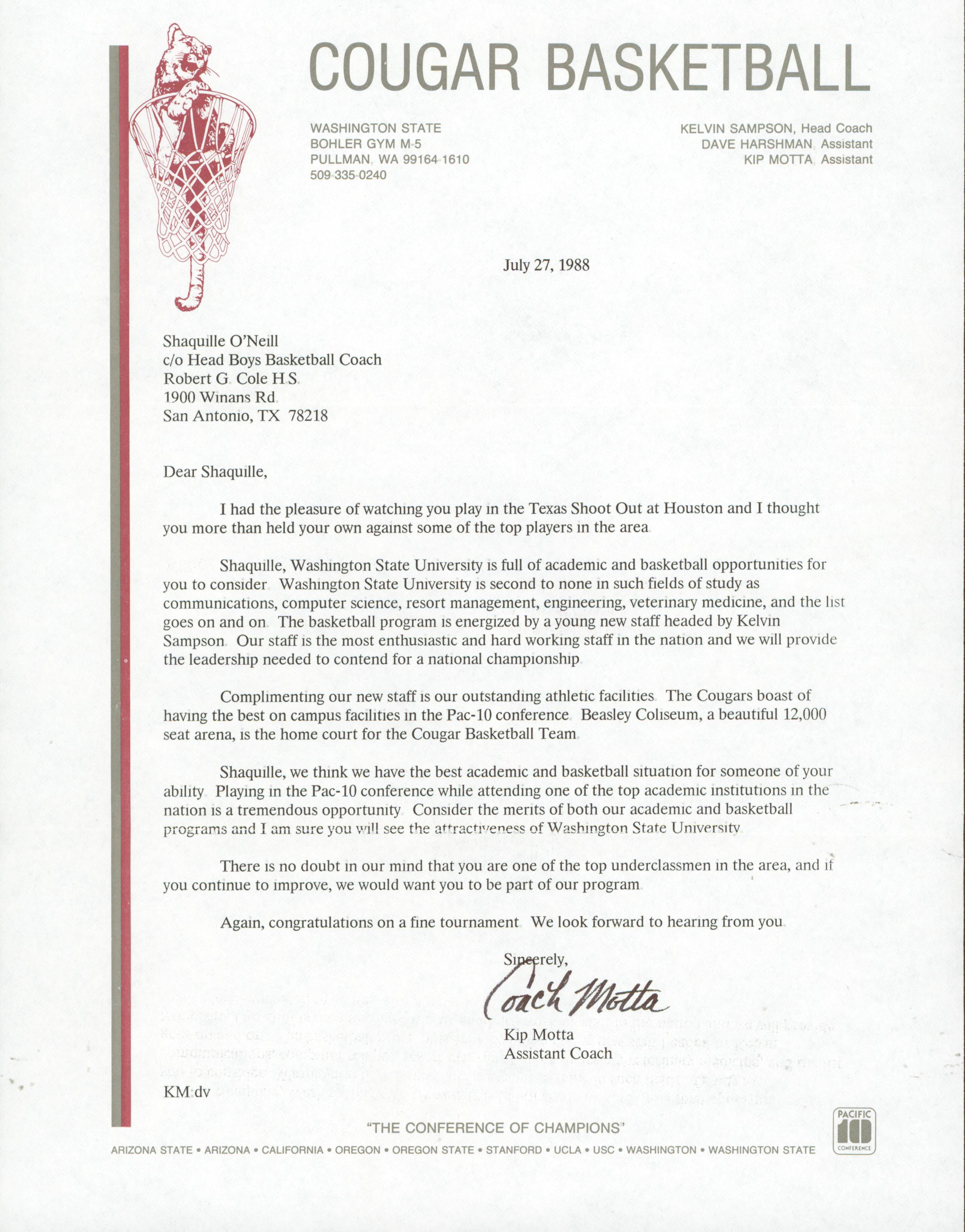 1988 Washington State University Shaquille O'Neal Recruitment Letter