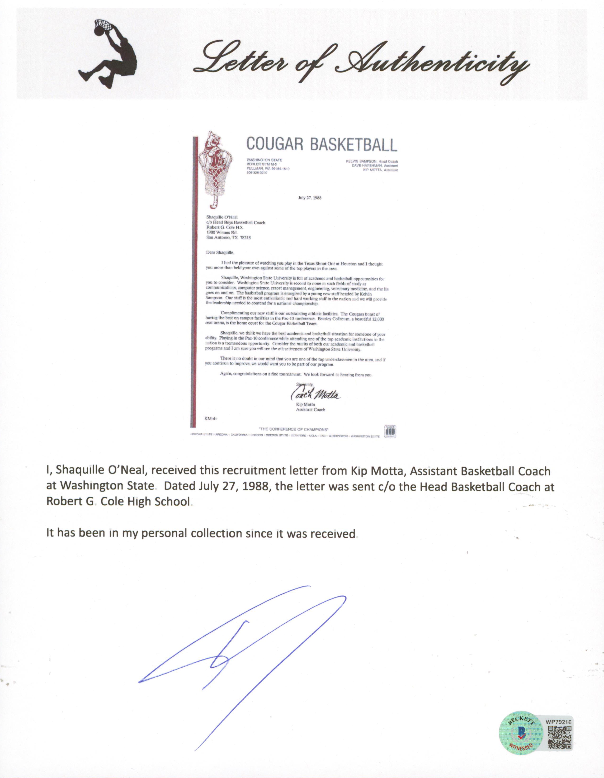 1988 Washington State University Shaquille O'Neal Recruitment Letter