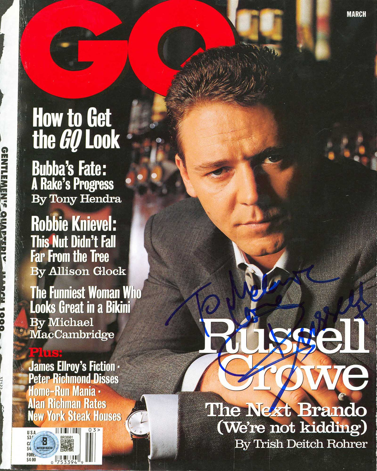 Russell Crowe "To Melanie Love" Authentic Signed GQ Magazine Cover BAS #BR38981