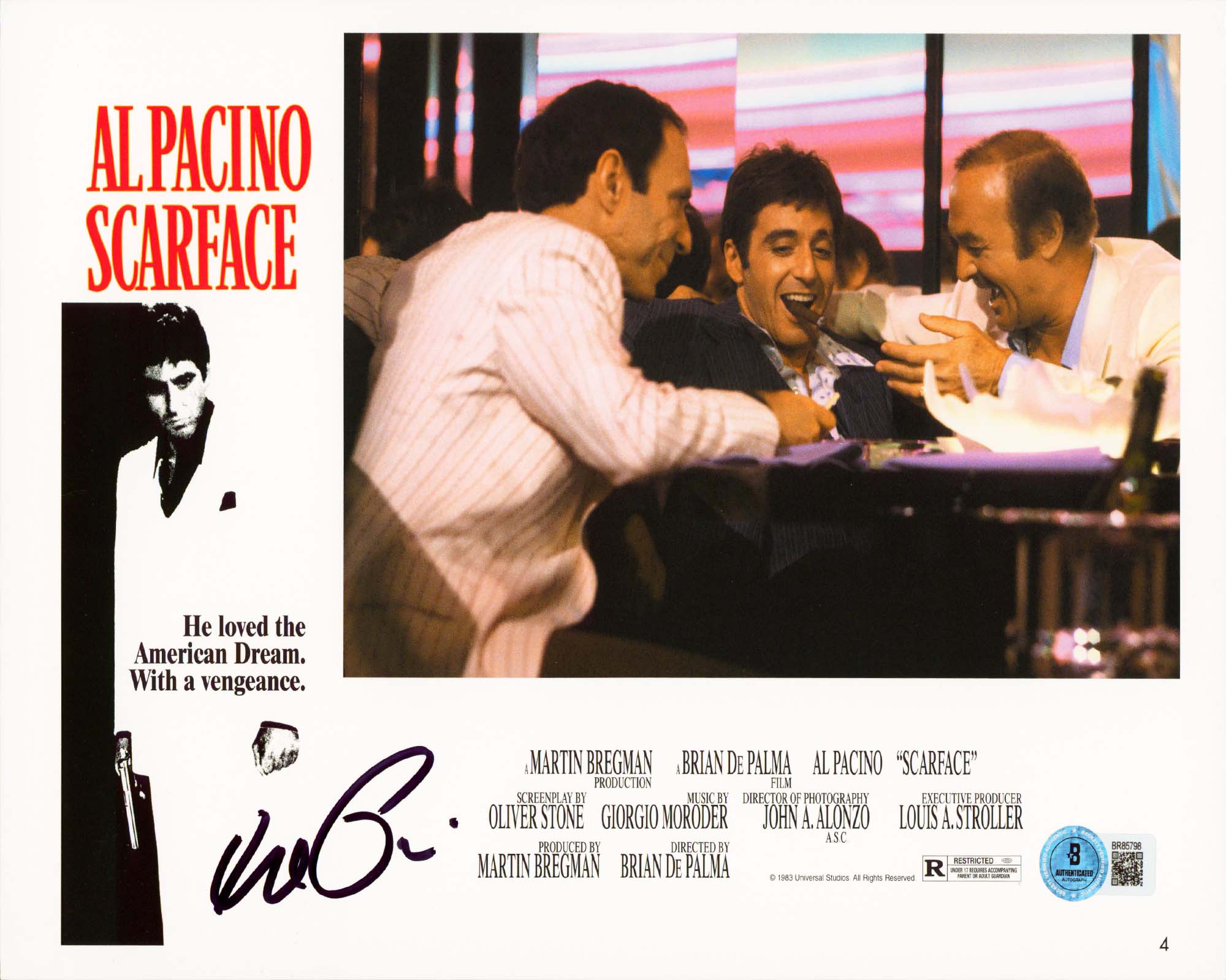 Al Pacino Scarface Signed 8x11 Horizontal Lobby Card Photo BAS #BR85798