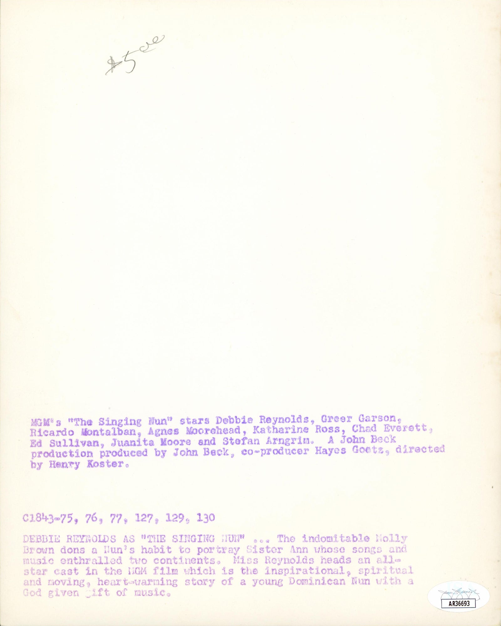 Debbie Reynolds The Singing Nun Signed 8x10 Black & White Photo JSA #AR36693