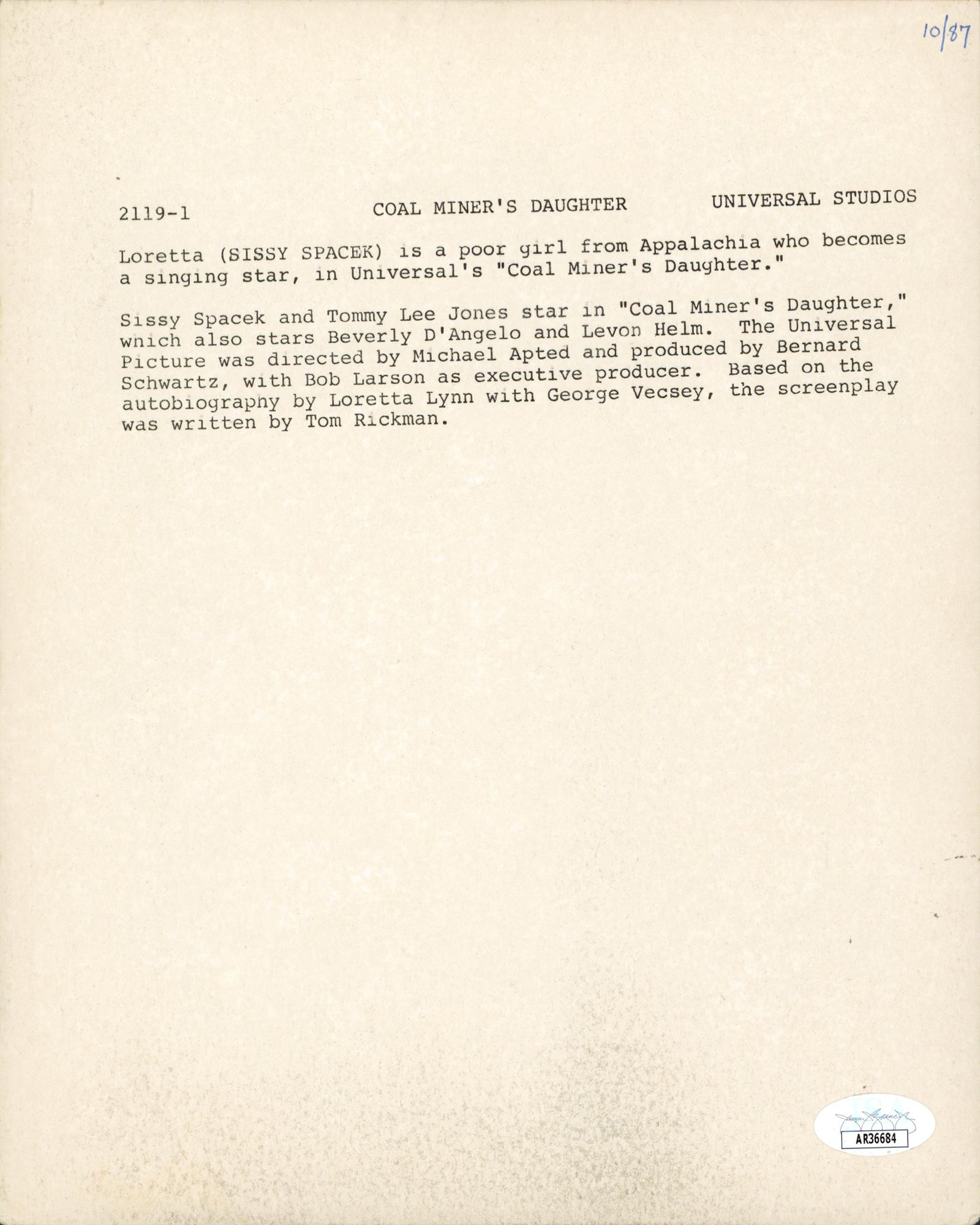 Sissy Spacek Coal Miner's Daughter Signed 8x10 Black & White Photo JSA #AR36684