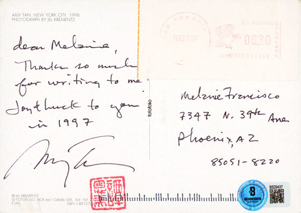Amy Tan Author Authentic Signed 4.25x6 Postcard Autographed w/ note BAS #BS29437
