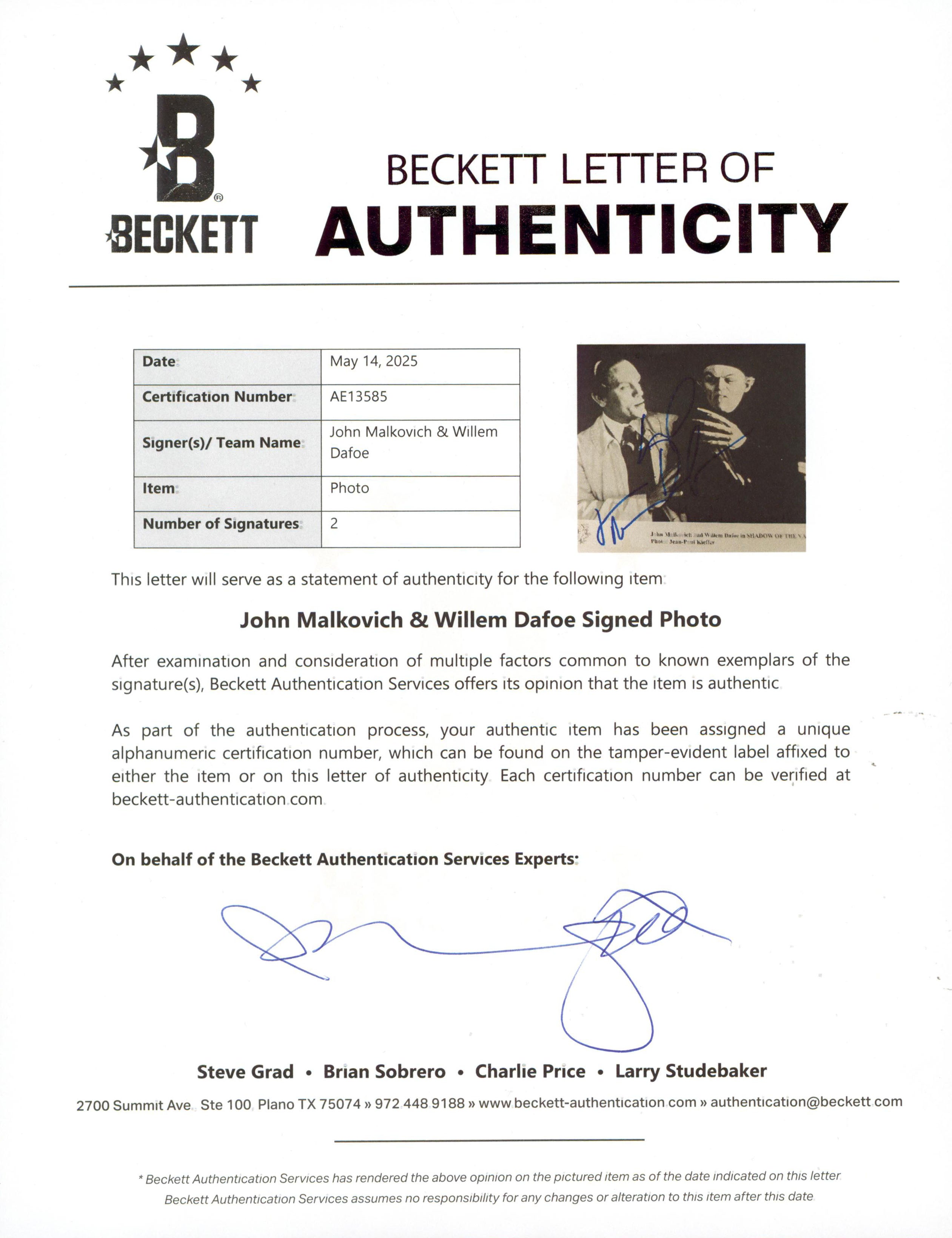 John Malkovich & William Dafoe Shadow Of The Vampire Signed 8x10 Photo BAS