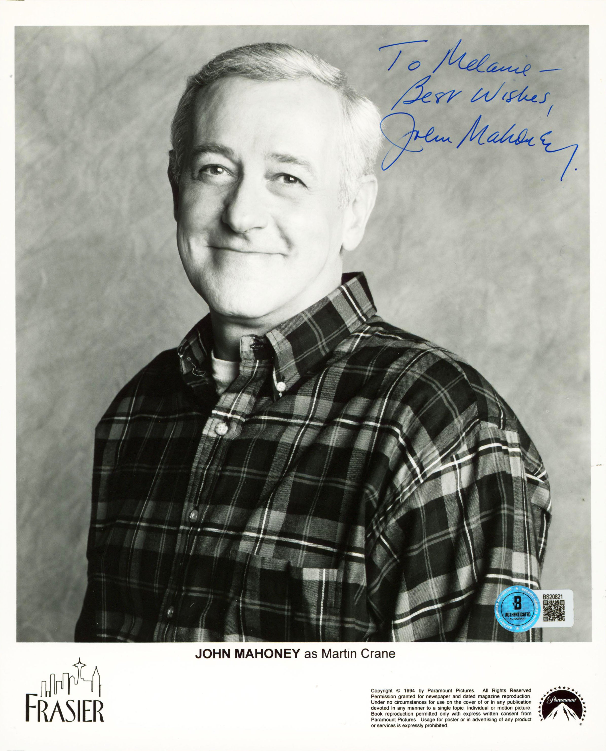 John Mahoney Frasier "To Melanie Best Wishes" Signed 8x10 Photo BAS #BS20821