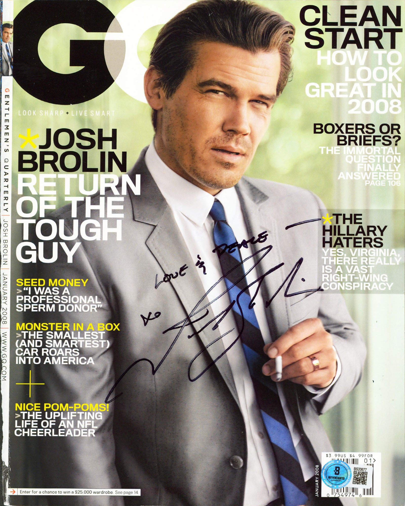 Josh Brolin "Love & Peace xo" Signed January 2008 GQ Magazine Cover BAS #BS20677
