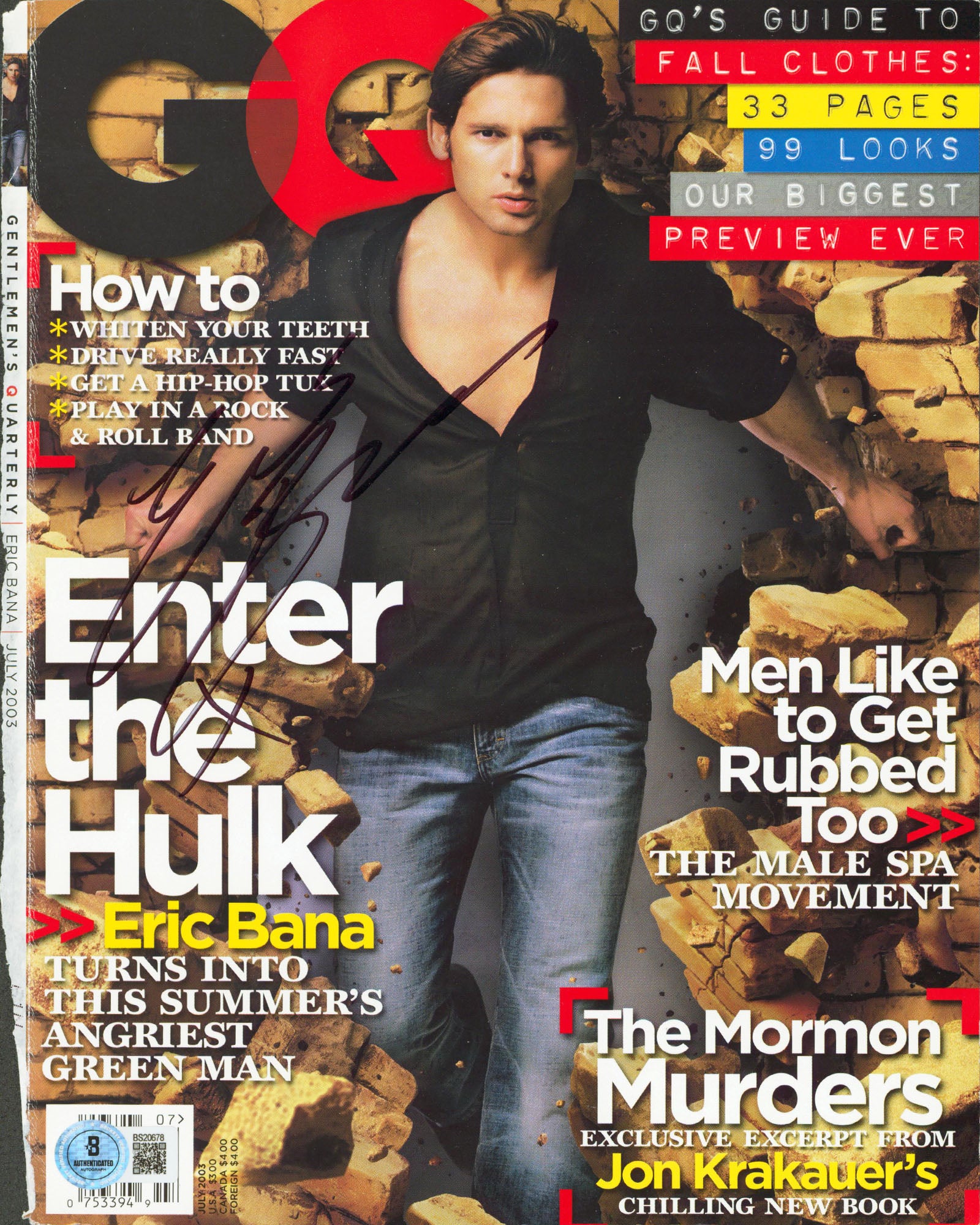 Eric Bana Authentic Signed July 2003 GQ Magazine Cover Autographed BAS #BS20678