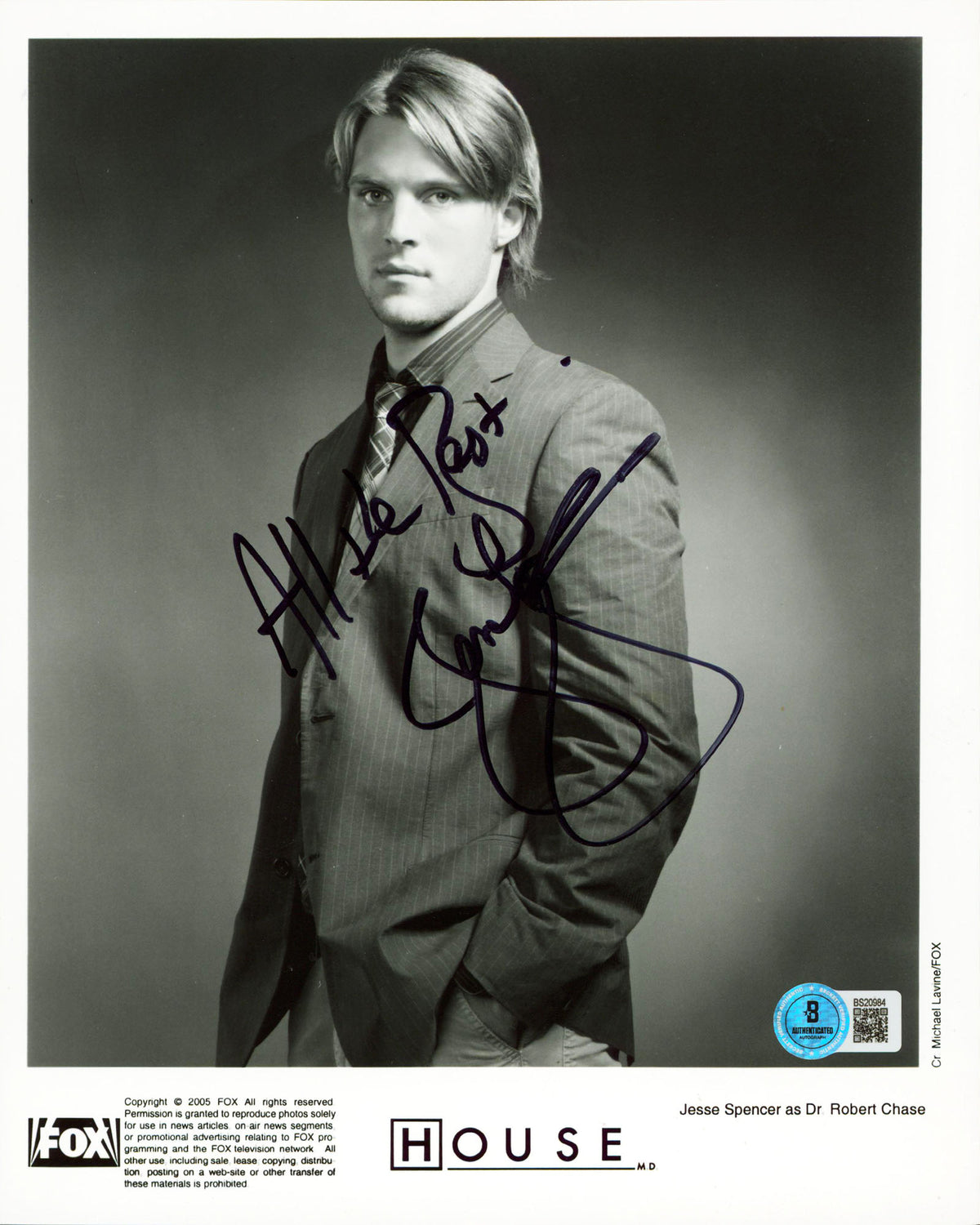 Jesse Spencer House "All The Best" Authentic Signed 8x10 Photo BAS #BS20984