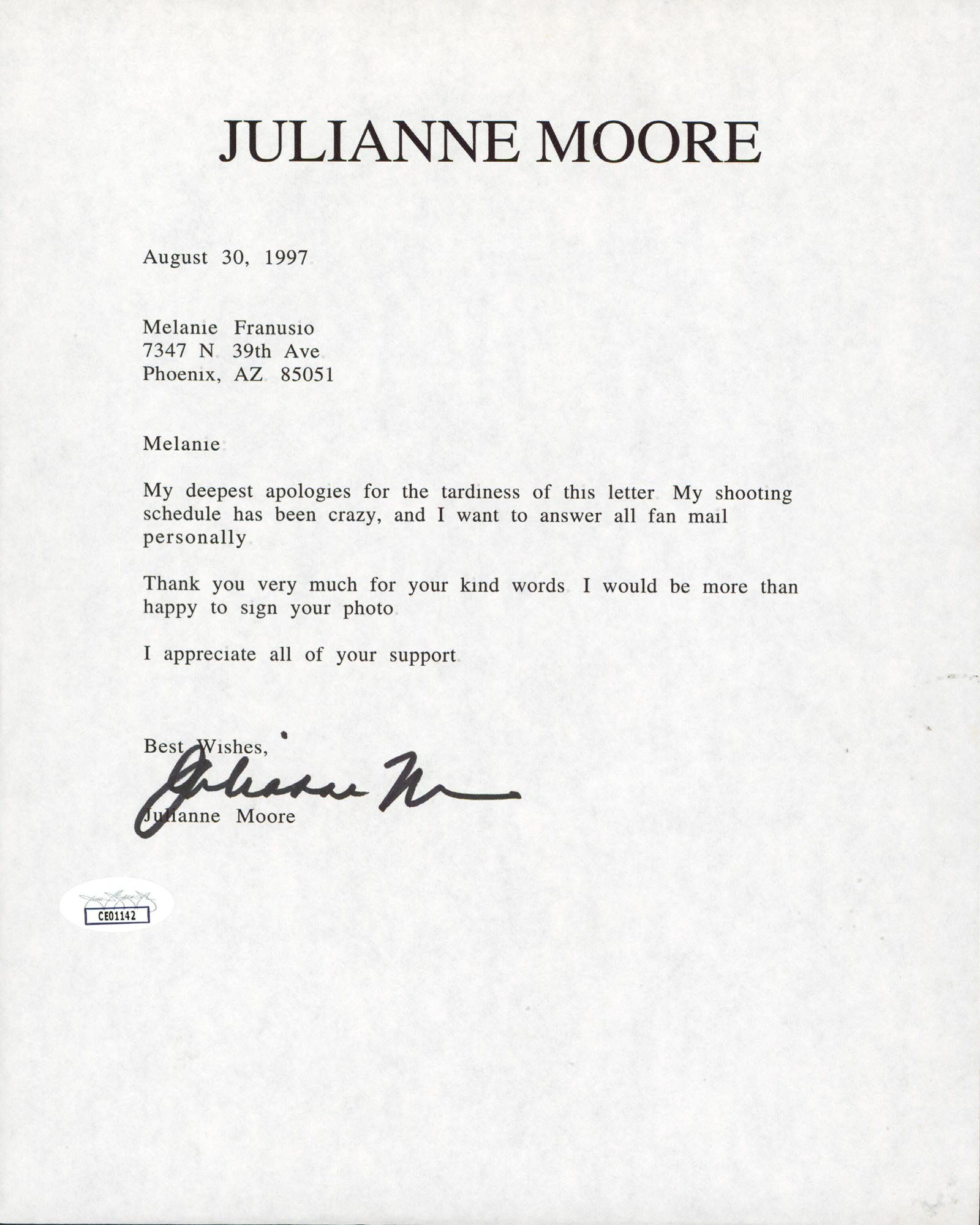 Julianne Moore Boogie Nights Authentic Signed 8.5x11 Letter JSA #CE01142