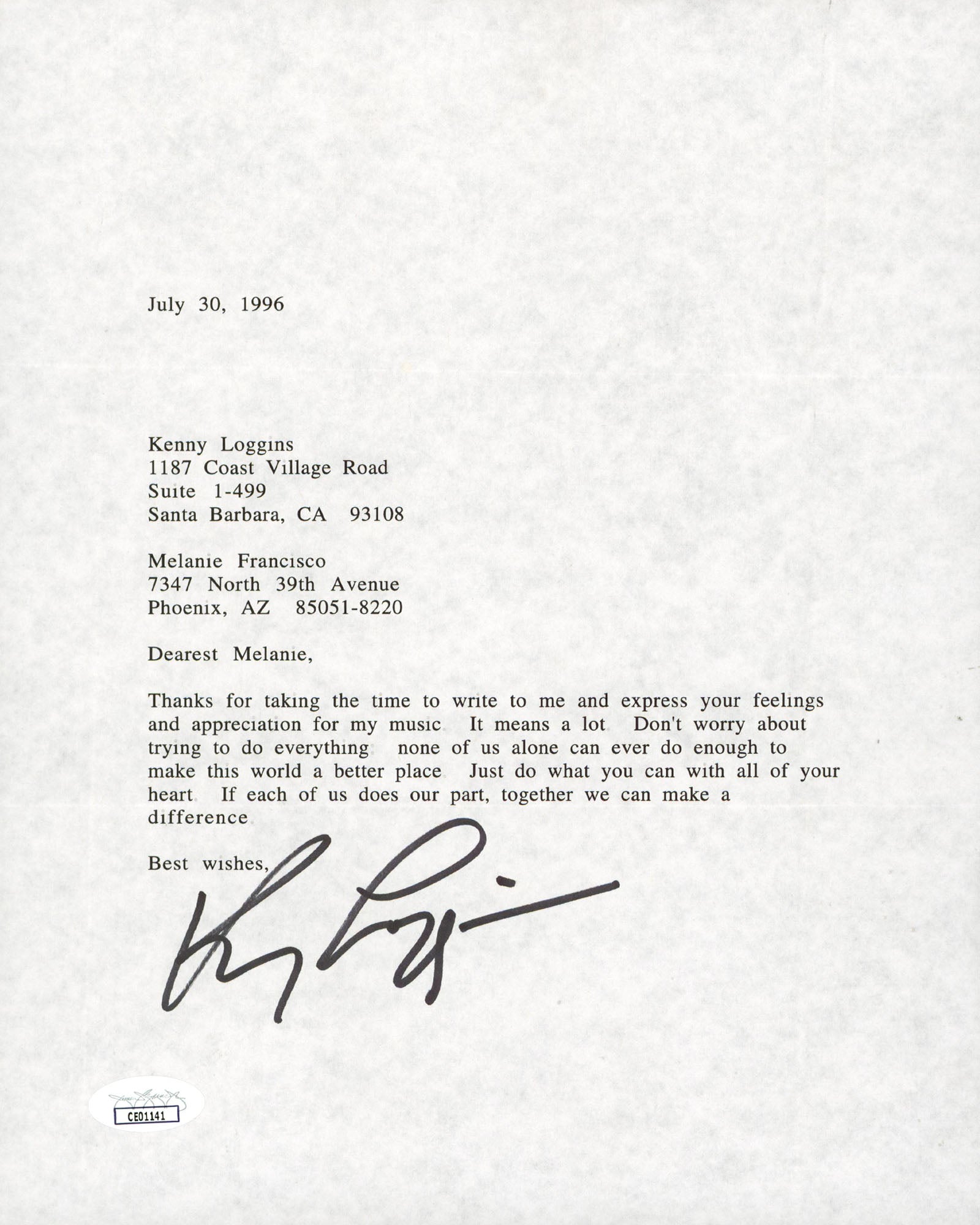 Kenny Loggins Musician Authentic Signed 8.5x11 Letter Autographed JSA #CE01141