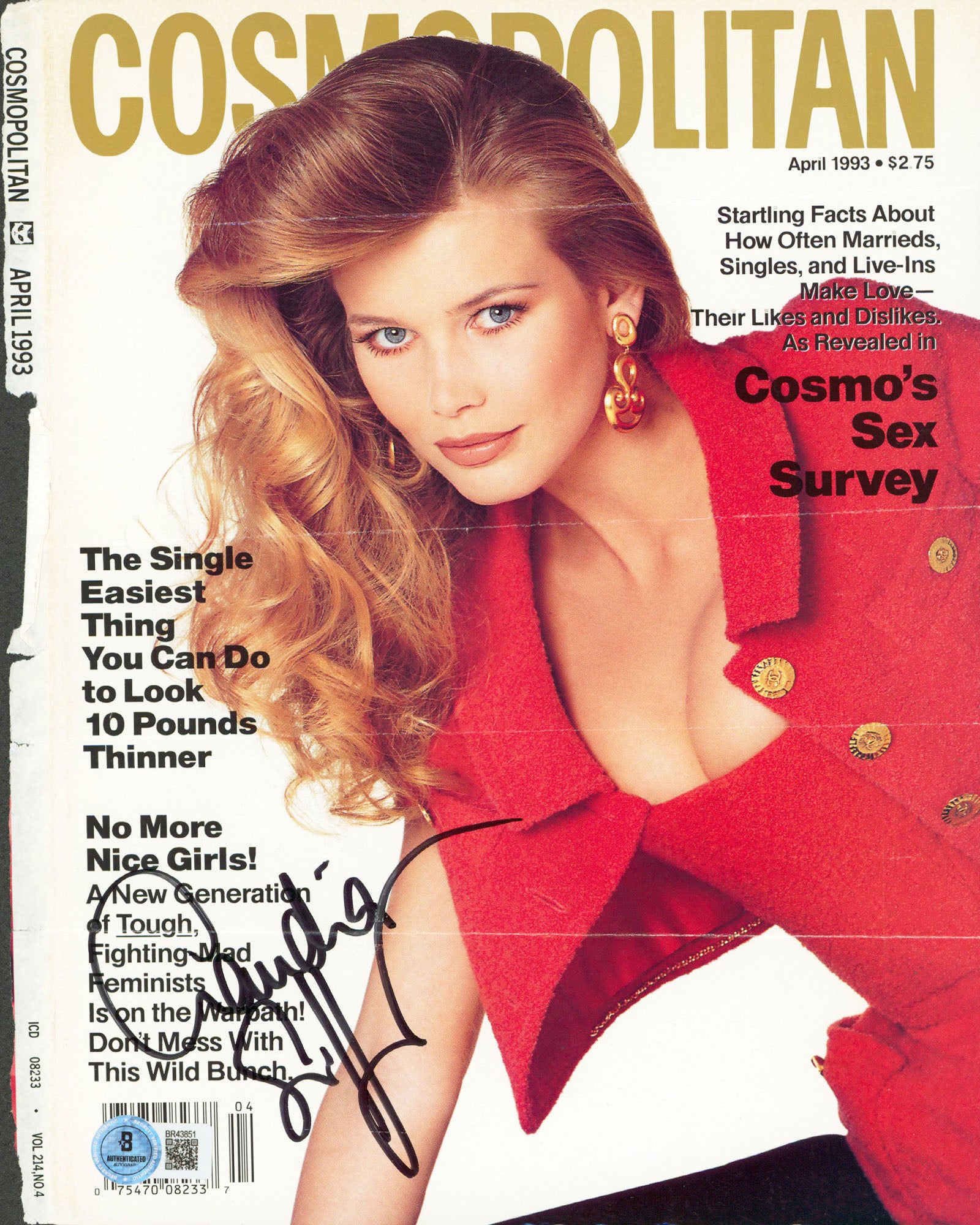 Claudia Schiffer Signed Cosmopolitan Magazine Cover April 1993 BAS #BR43851