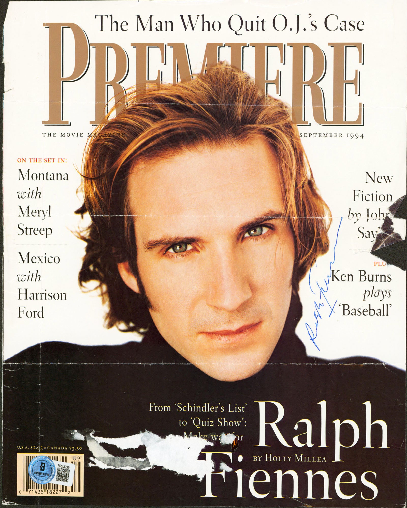 Ralph Fiennes Authentic Signed Premiere Magazine Cover Sept. 1994 BAS #BR43939