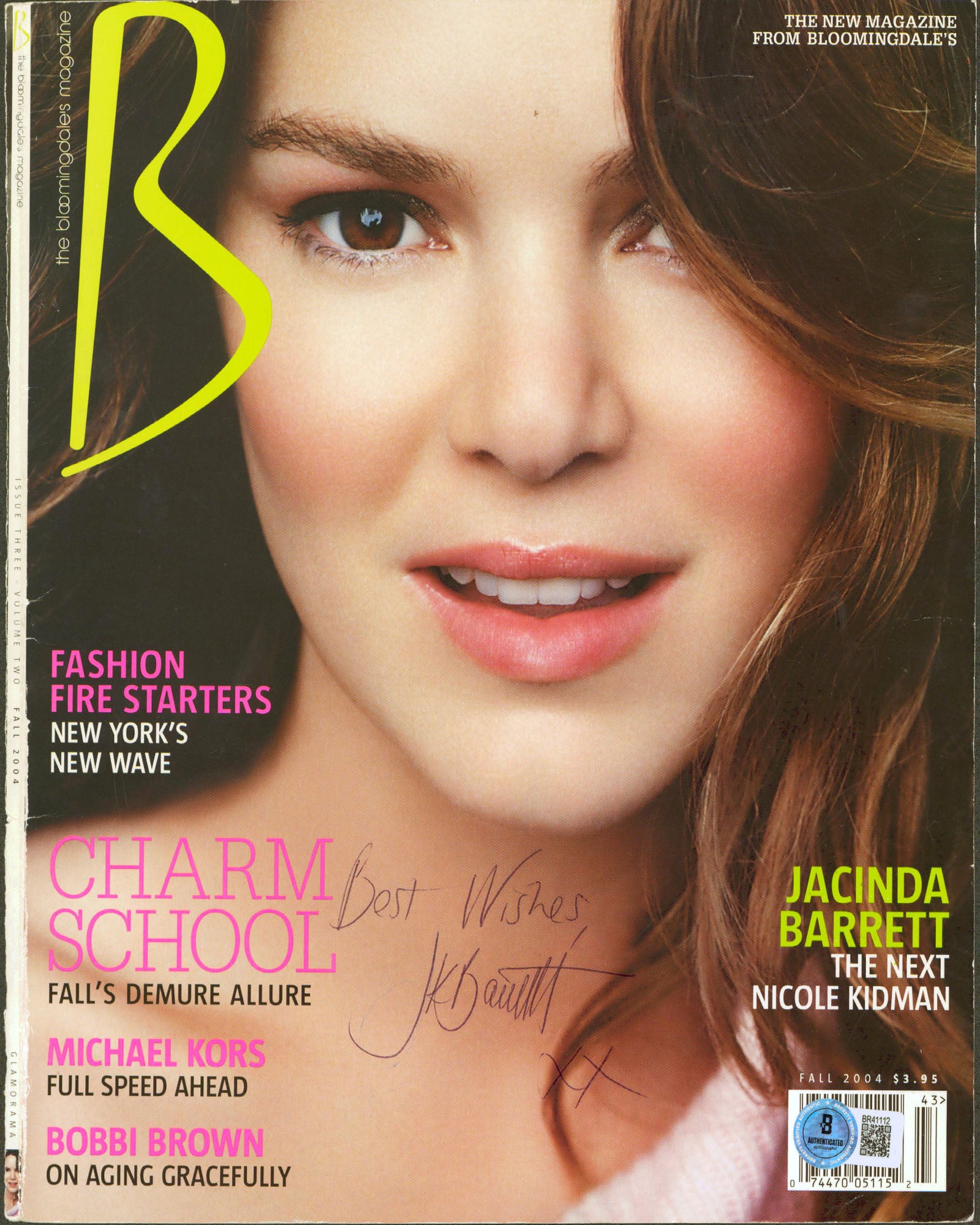 Jacinda Barrett "Best Wishes" Signed Bloomingdales Magazine Cover Fall 2004 BAS