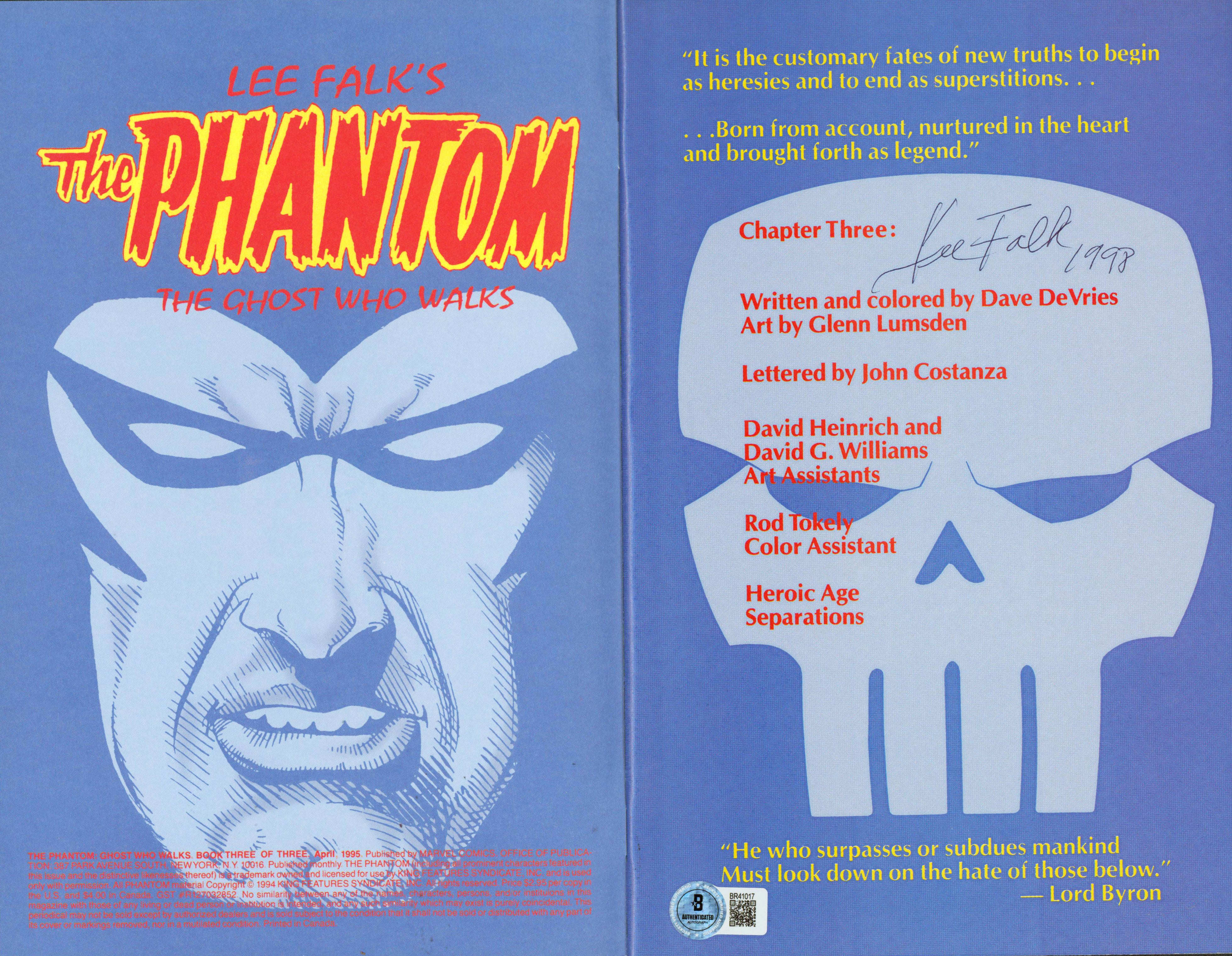 Lee Falk The Phantom 1998 Authentic Signed April 3 Comic Autographed BAS#BS41017