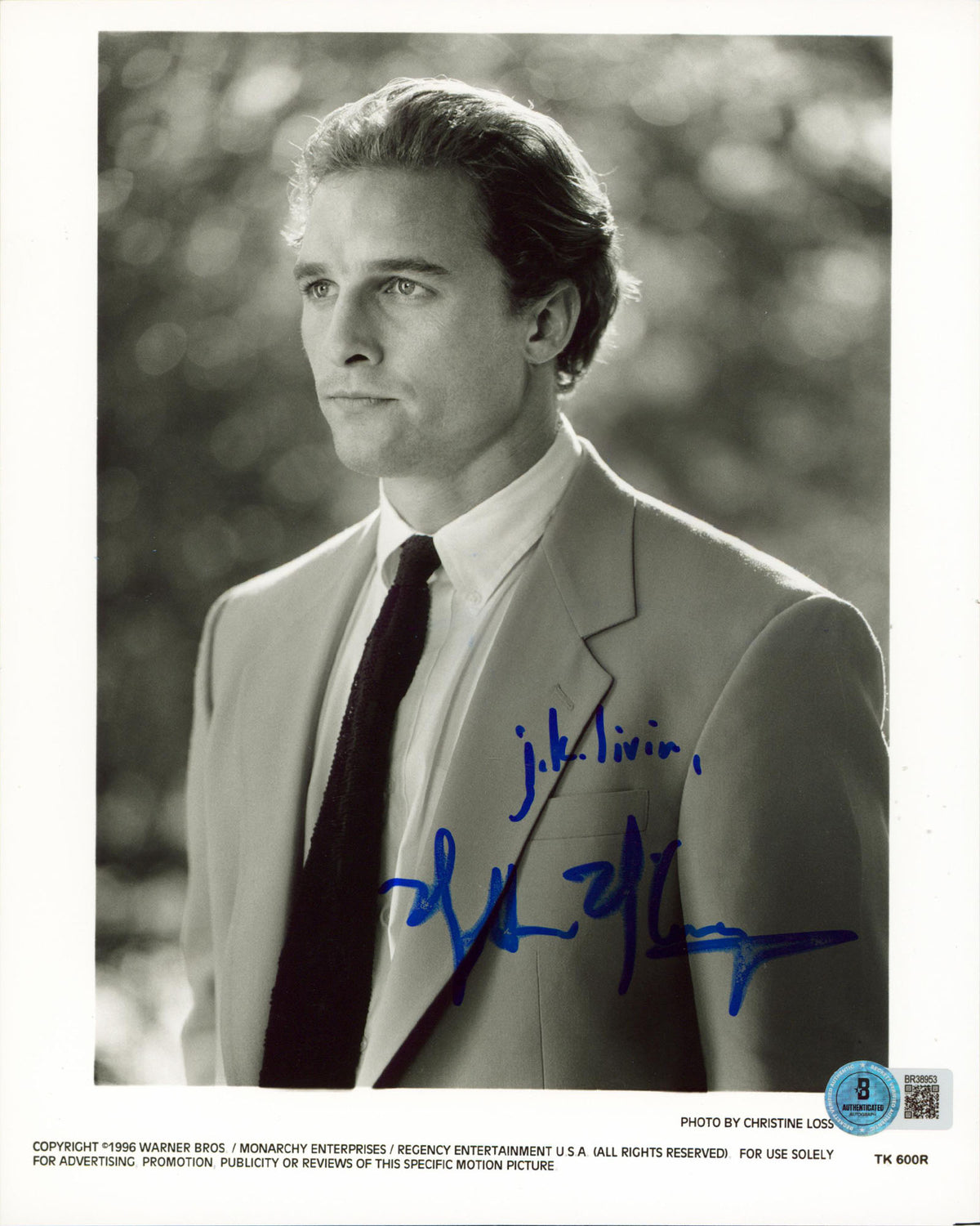 Matthew McConaughey A Time to Kill "J.K. Livin" Signed 8x10 Photo BAS #BR38953