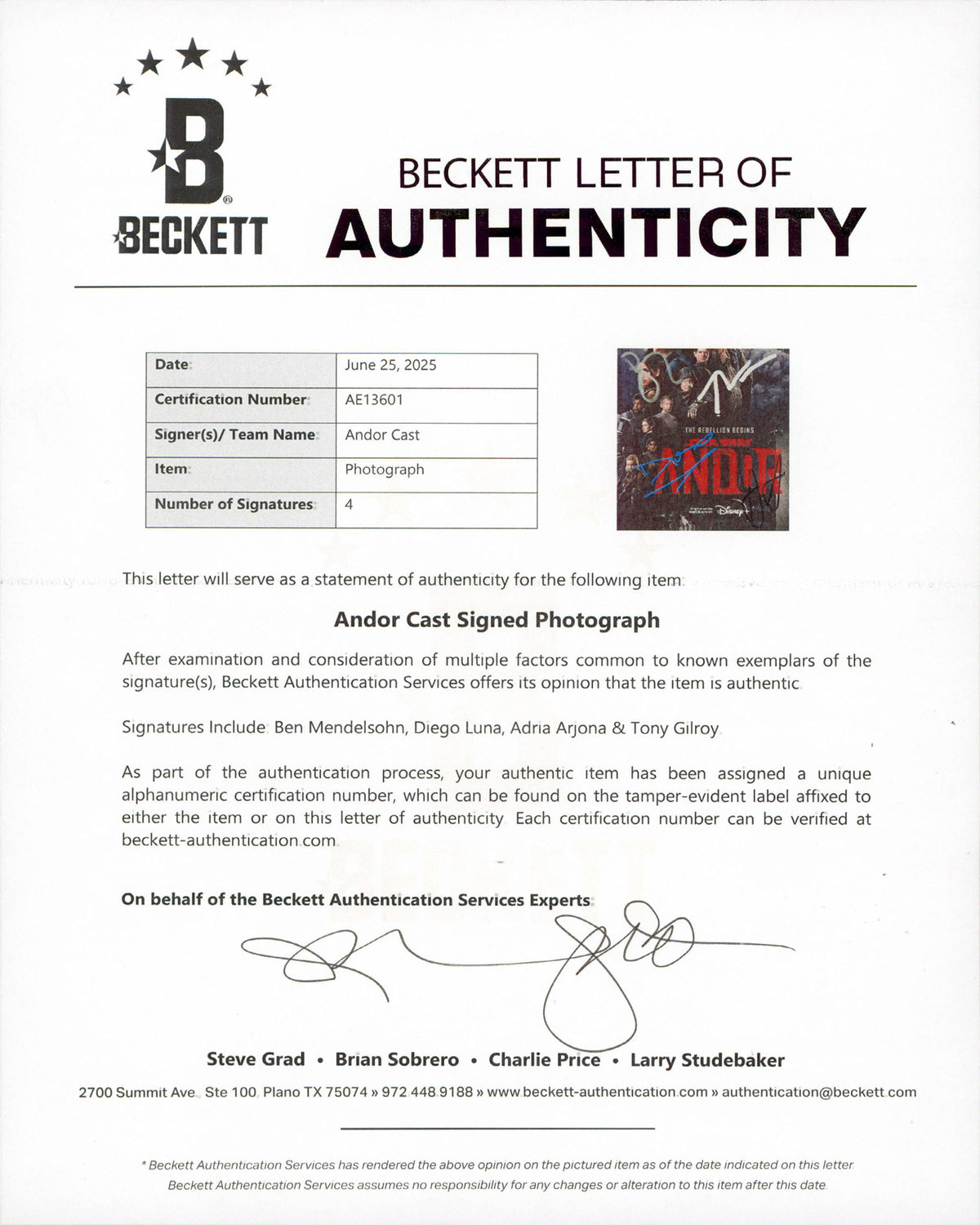 Star Wars Andor Mendelsohn, Luna, Arjona, Gilroy Signed 8x10 Photo BAS #AE13601